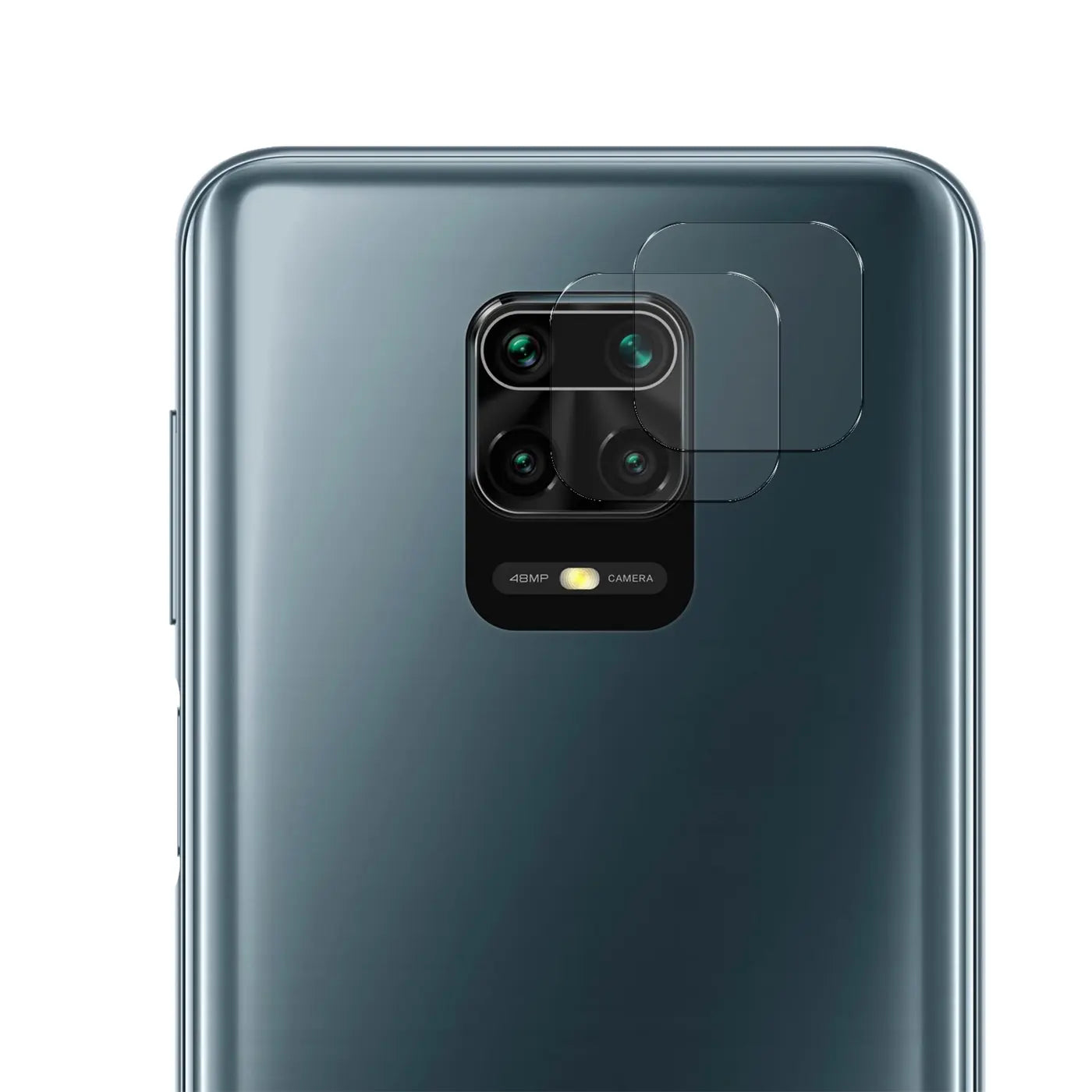 Rückseite eines dunkelgrauen Xiaomi Redmi Note 9S mit transparentem Schutzglas auf der Kamera und daneben.