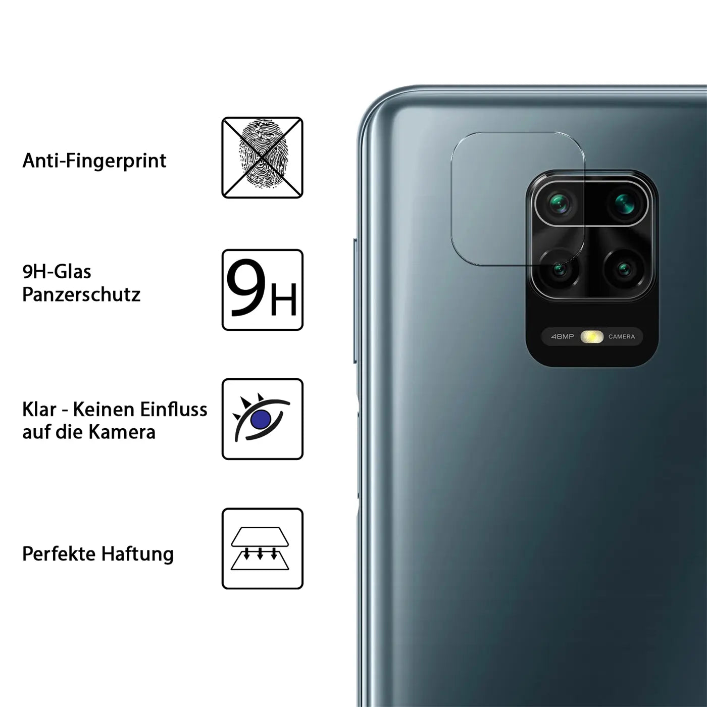 Rückseite eines grauen Xiaomi Redmi Note 9S mit transparentem Schutzglas auf dem Kameramodul, links Produktmerkmale.