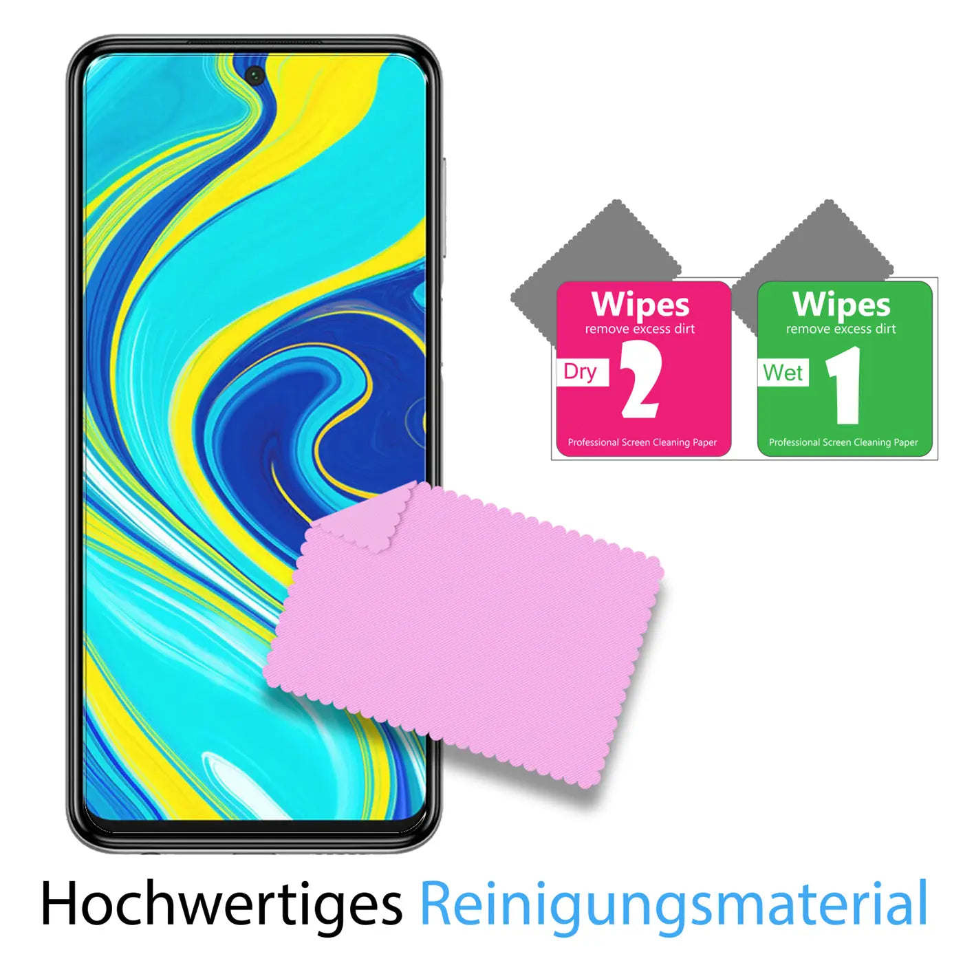 Xiaomi Redmi Note 9S Smartphone mit Reinigungstüchern (nass/trocken) und rosa Mikrofasertuch, schräg von vorn.