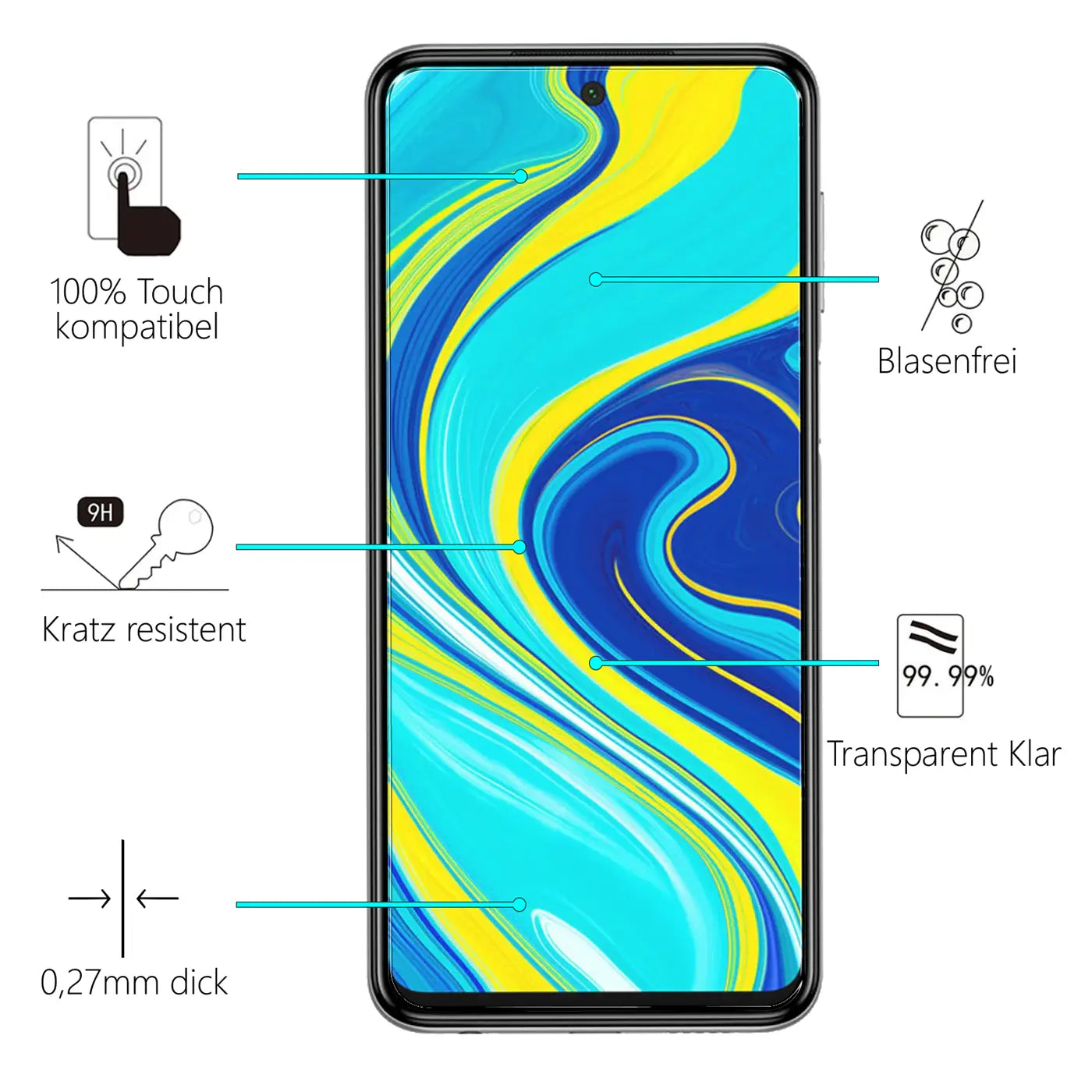 Schwarzes Xiaomi Redmi Note 9S von vorne mit Schutzglas. Blaue Linien zeigen auf Text und Symbole zu den Eigenschaften.