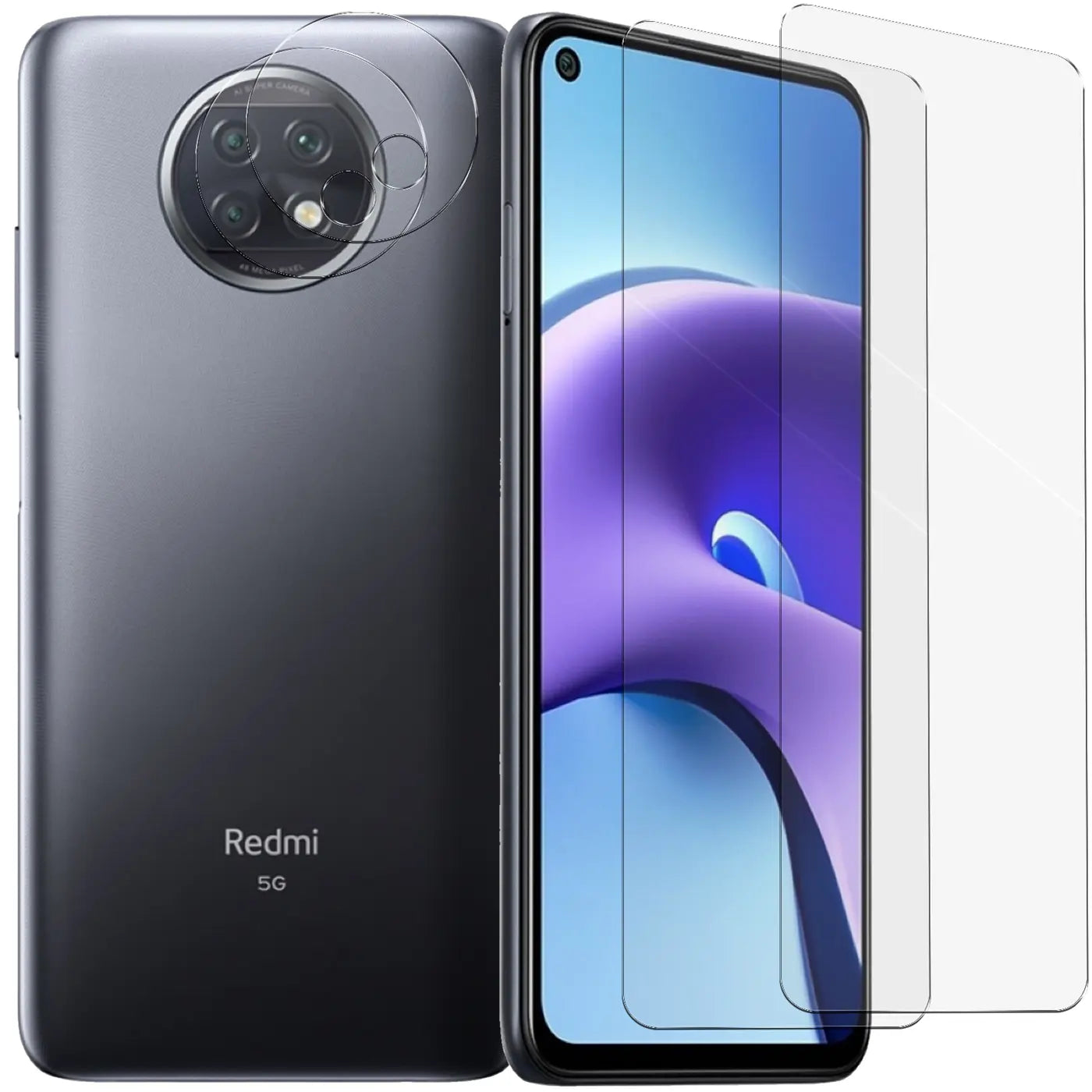 Xiaomi Redmi Note 9T in Grau, Rückseite mit Kameraschutzglas, Vorderseite mit zwei Displayschutzgläsern.