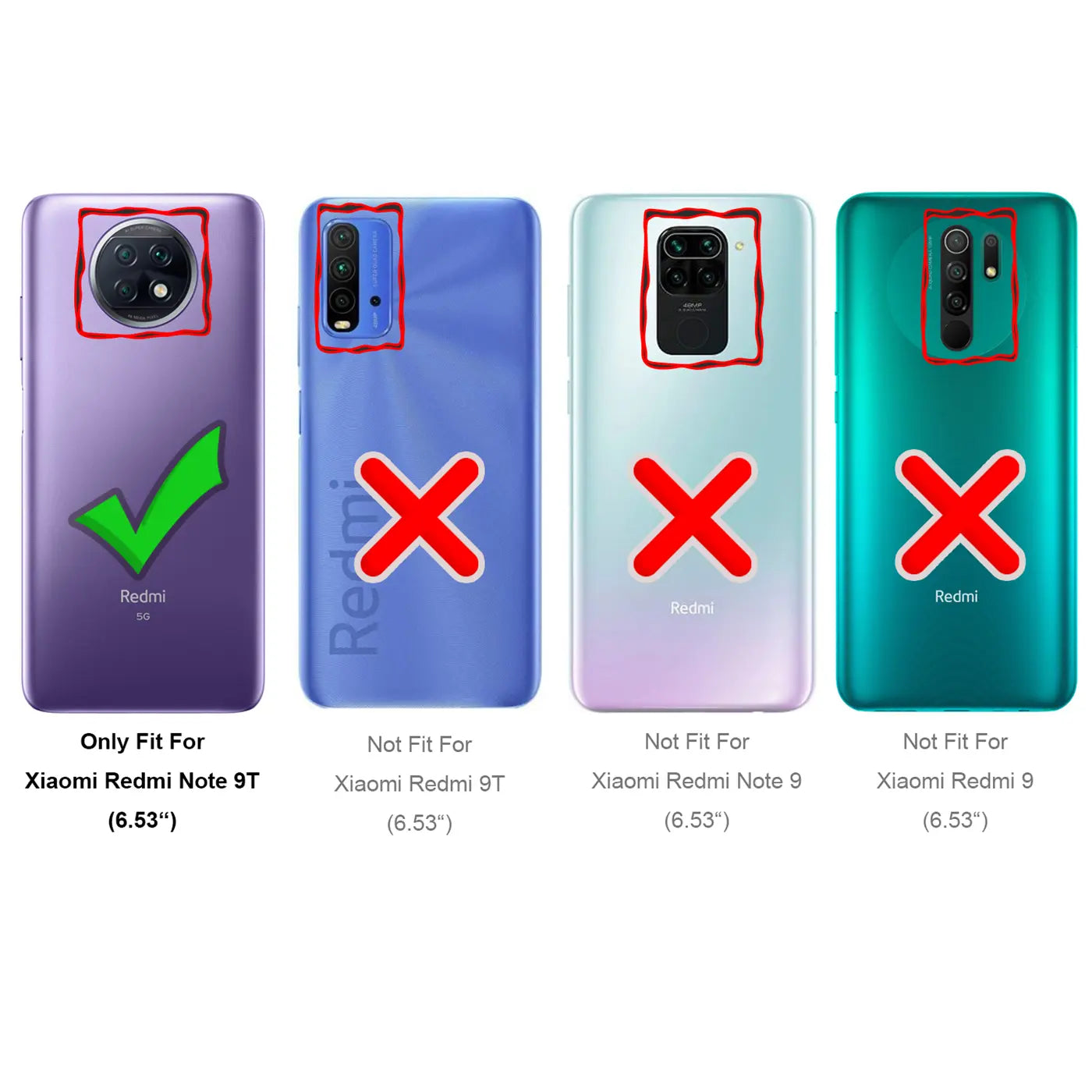 Vier Smartphone-Rückseiten, von oben gesehen. Violettes Xiaomi Redmi Note 9T mit grünem Haken, drei andere mit rotem X.