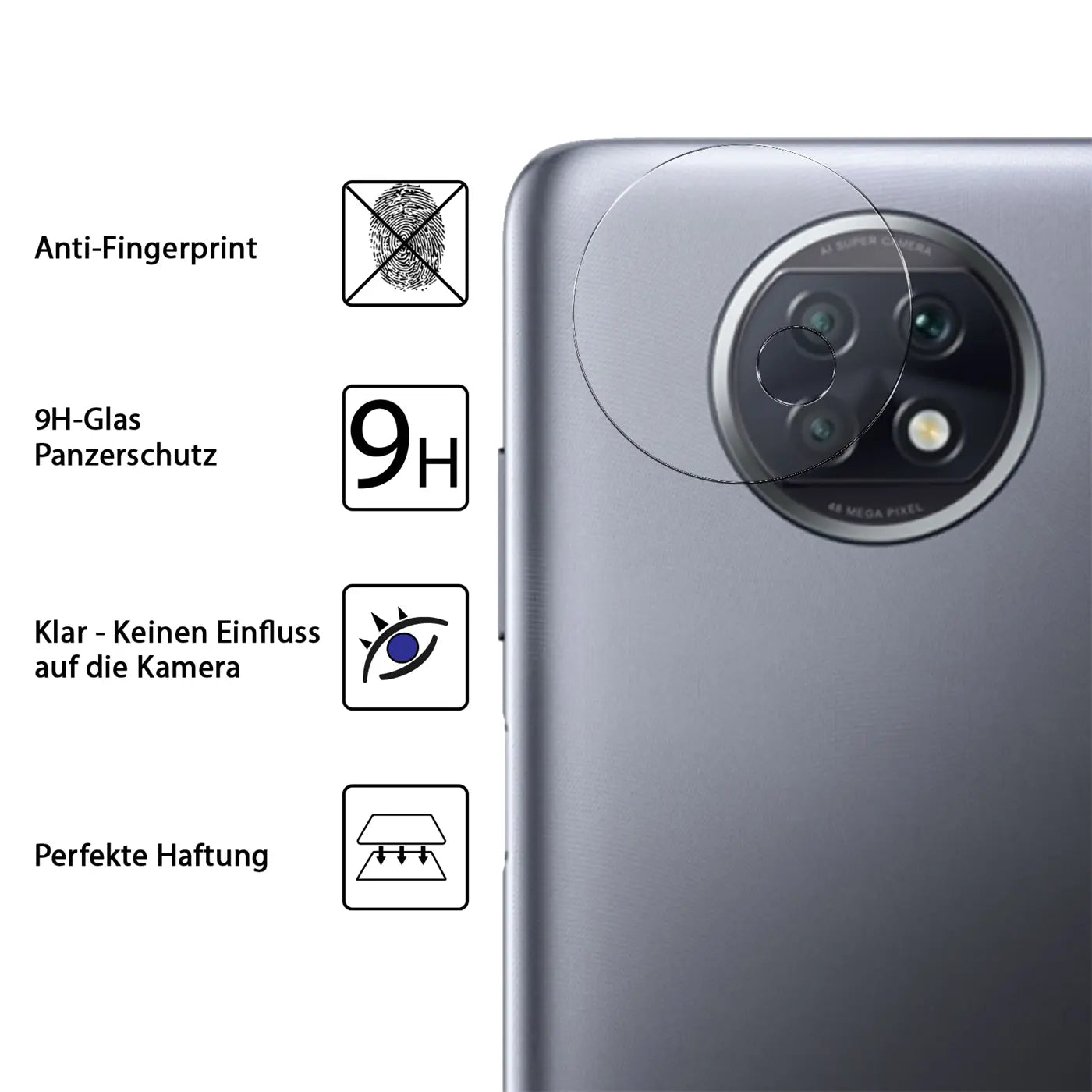Rückseite eines grauen Xiaomi Redmi Note 9T mit transparentem Schutzglas auf der Kamera. Links Symbole für Eigenschaften.