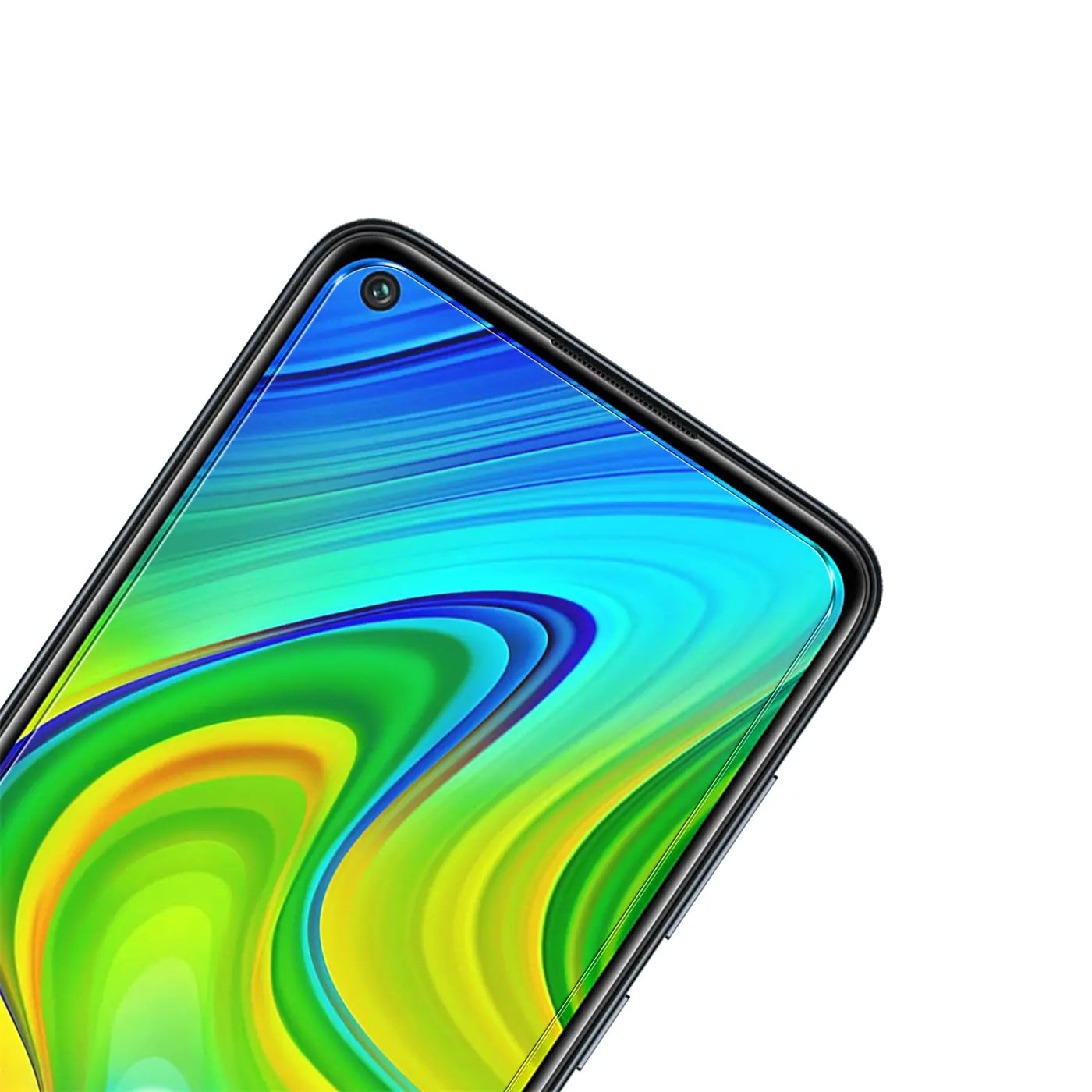 Oberer Teil eines Xiaomi Redmi Note 9T mit Schutzglas, Frontkamera sichtbar, Display mit bunten Wellen.