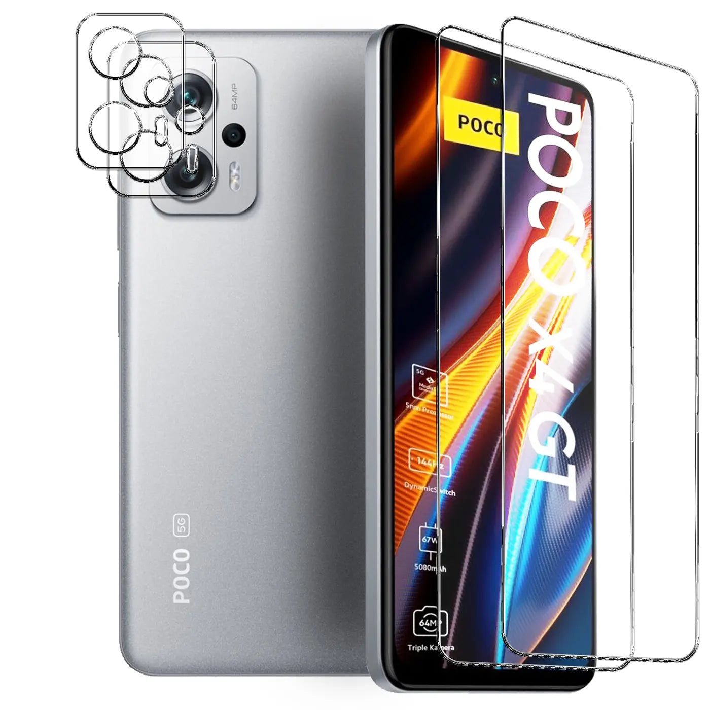 Silbernes Xiaomi Poco X4 GT von hinten und schräg von vorne mit zwei transparenten Schutzgläsern für Display und Kamera.
