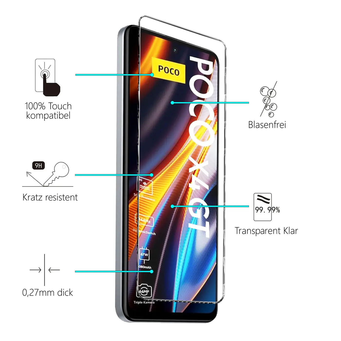Transparente Schutzfolie aus Glas auf einem schwarzen Xiaomi Poco X4 GT Smartphone, schräg von vorne rechts.