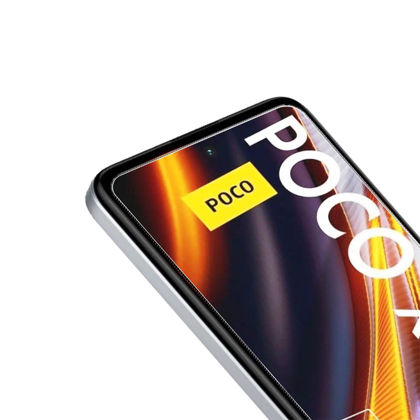 Silbernes Xiaomi Poco X4 GT Smartphone mit schwarzem Display und gelbem "POCO" Logo, schräg von oben.