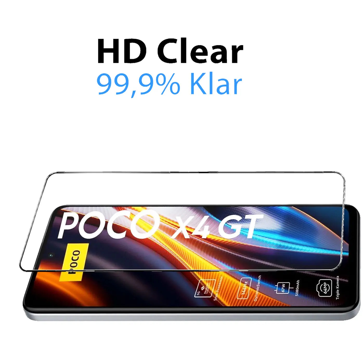 Klares Schutzglas für Xiaomi Poco X4 GT Smartphone, von vorne leicht schräg auf dem Display liegend.