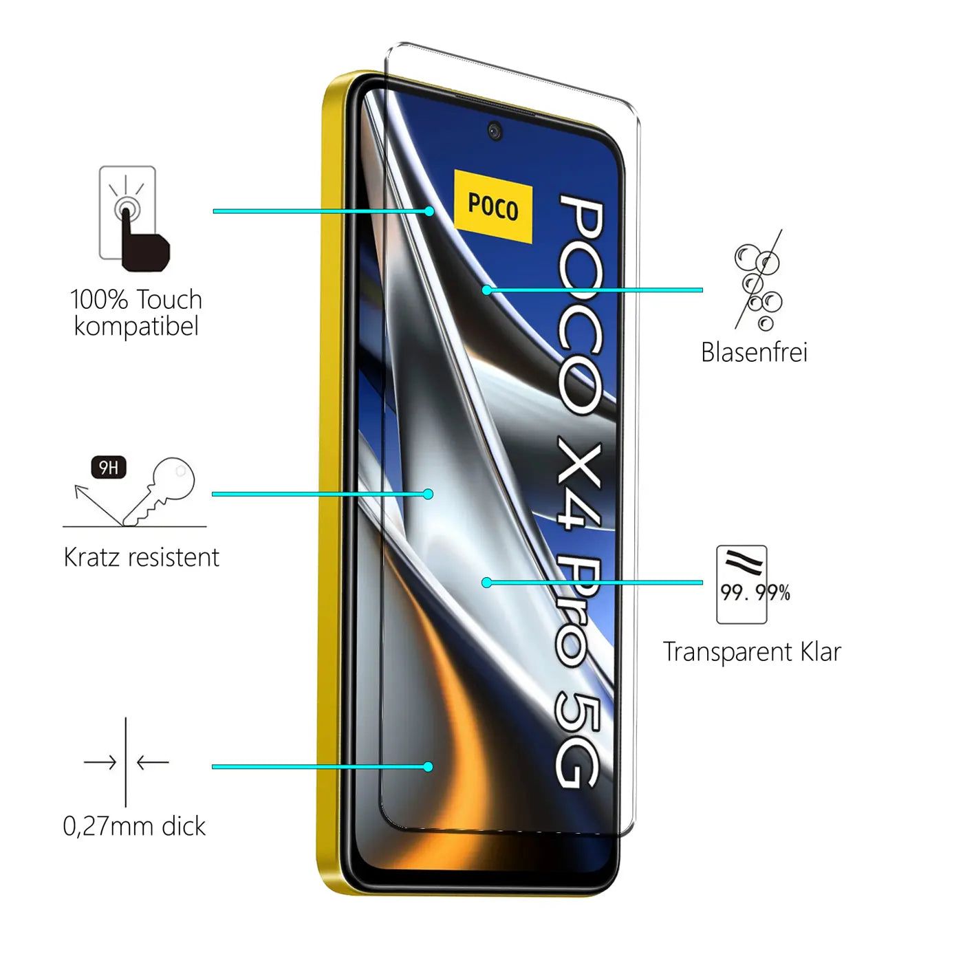Gelbes Xiaomi Poco X4 Pro 5G mit transparentem Schutzglas (Glas) von vorne rechts, leicht schräg.