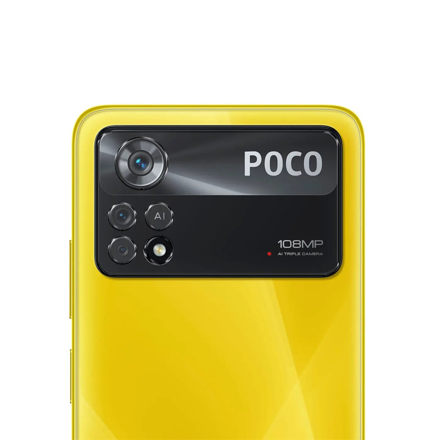 Rückseite eines gelben Xiaomi Poco X4 Pro 5G Smartphones mit schwarzem, horizontalem Kameramodul und POCO-Logo.