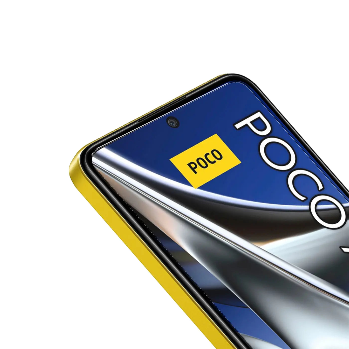 Nahaufnahme eines Xiaomi Poco X4 Pro 5G in gelbem Silikon-Case, von oben rechts. Schutzglas wird angebracht.