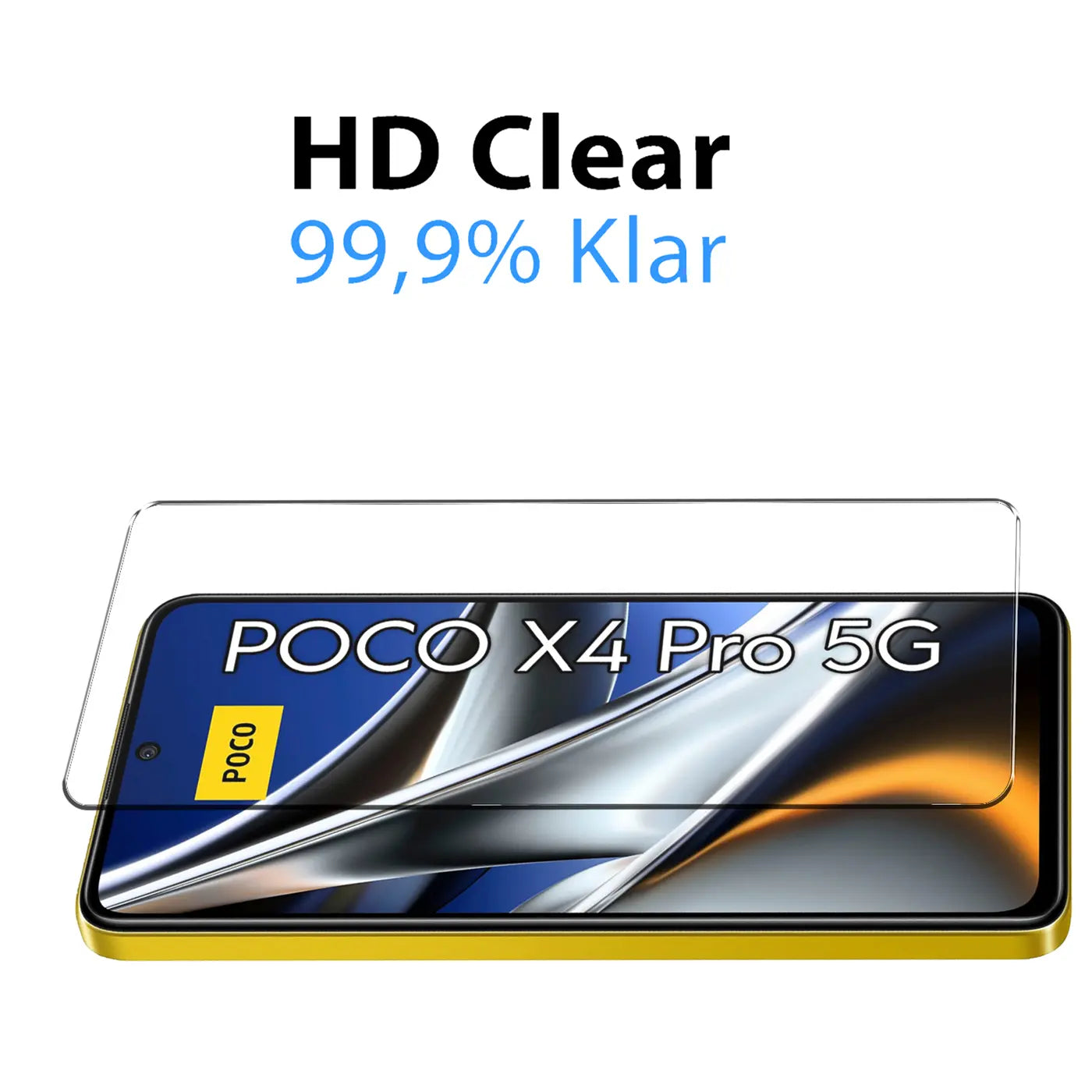 Klares Schutzglas für Xiaomi Poco X4 Pro 5G, schräg über dem gelben Smartphone-Display schwebend.