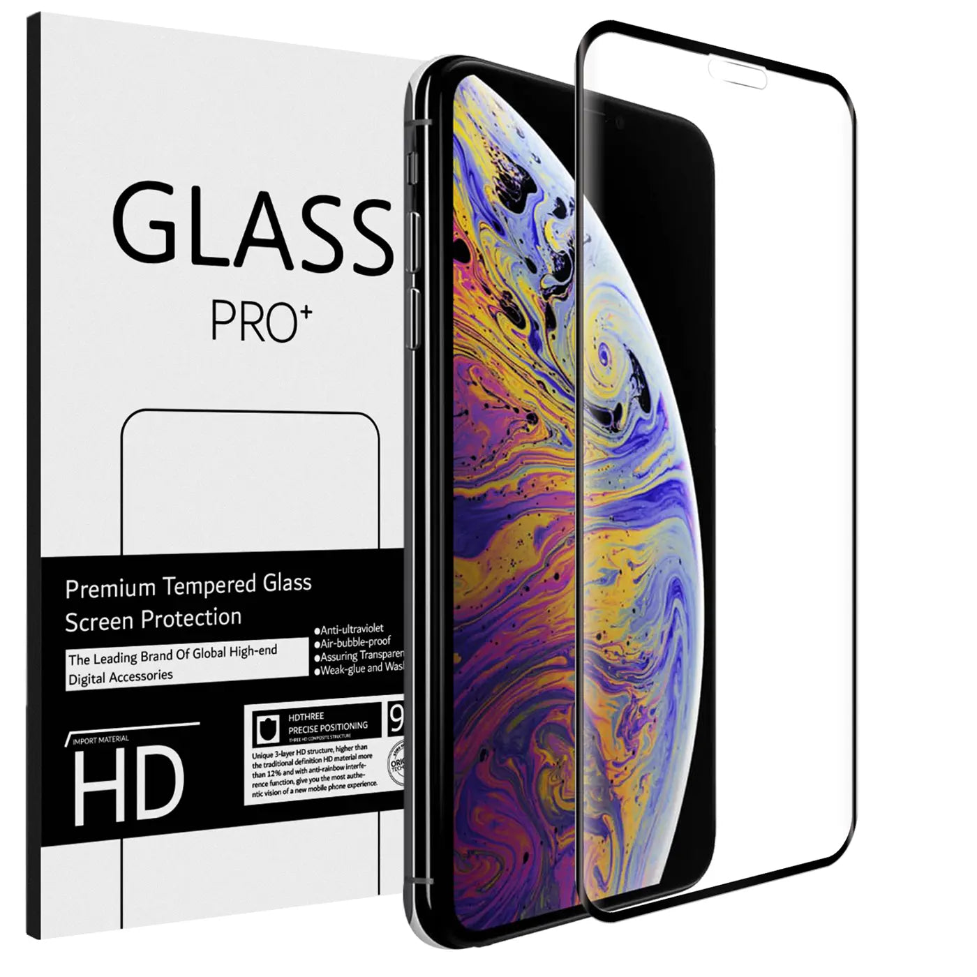 Verpackung für Panzerglas, daneben ein iPhone XS mit angebrachtem und einem weiteren, abgelösten Panzerglas.