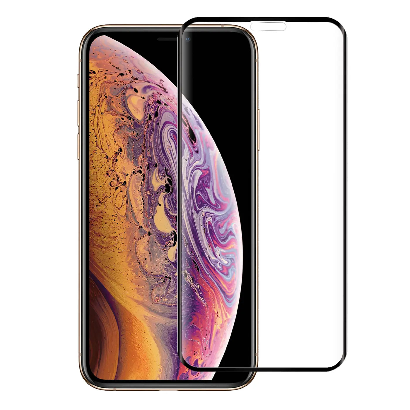 iPhone XS Gold mit farbigem Display und schwarzem Panzerglas von vorne, leicht schräg nach rechts versetzt.