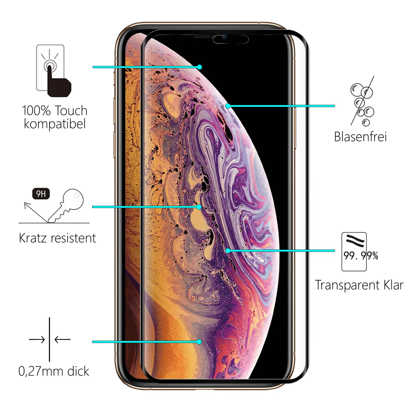 iPhone X/XS/11 Pro mit schwarzem, transparentem Panzerglas (9H) von vorne. Produktmerkmale sind daneben aufgelistet.