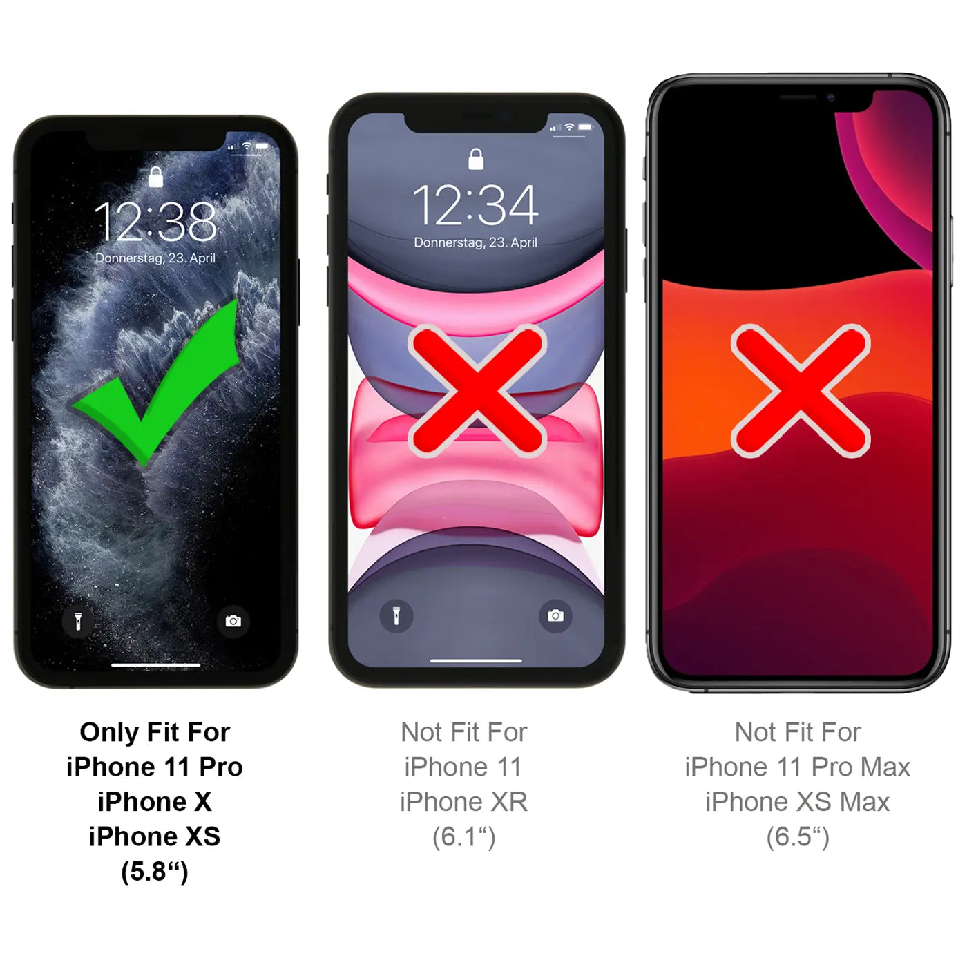 Drei schwarze iPhones von vorne: Links mit grünem Haken (passend), Mitte und rechts mit rotem X (nicht passend).