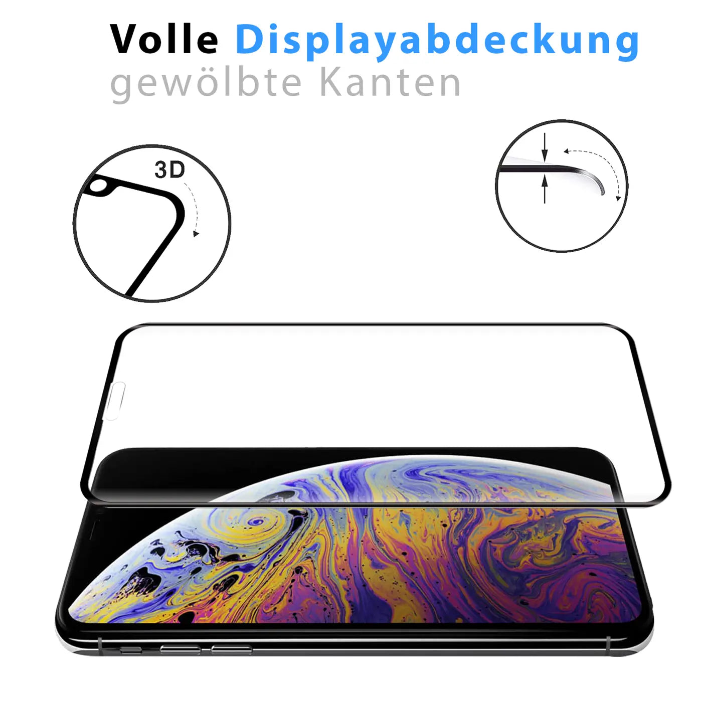 Schwarzes Panzerglas für iPhone X/XS/11 Pro, von schräg oben. Oben zwei Detailansichten der gewölbten Kanten.