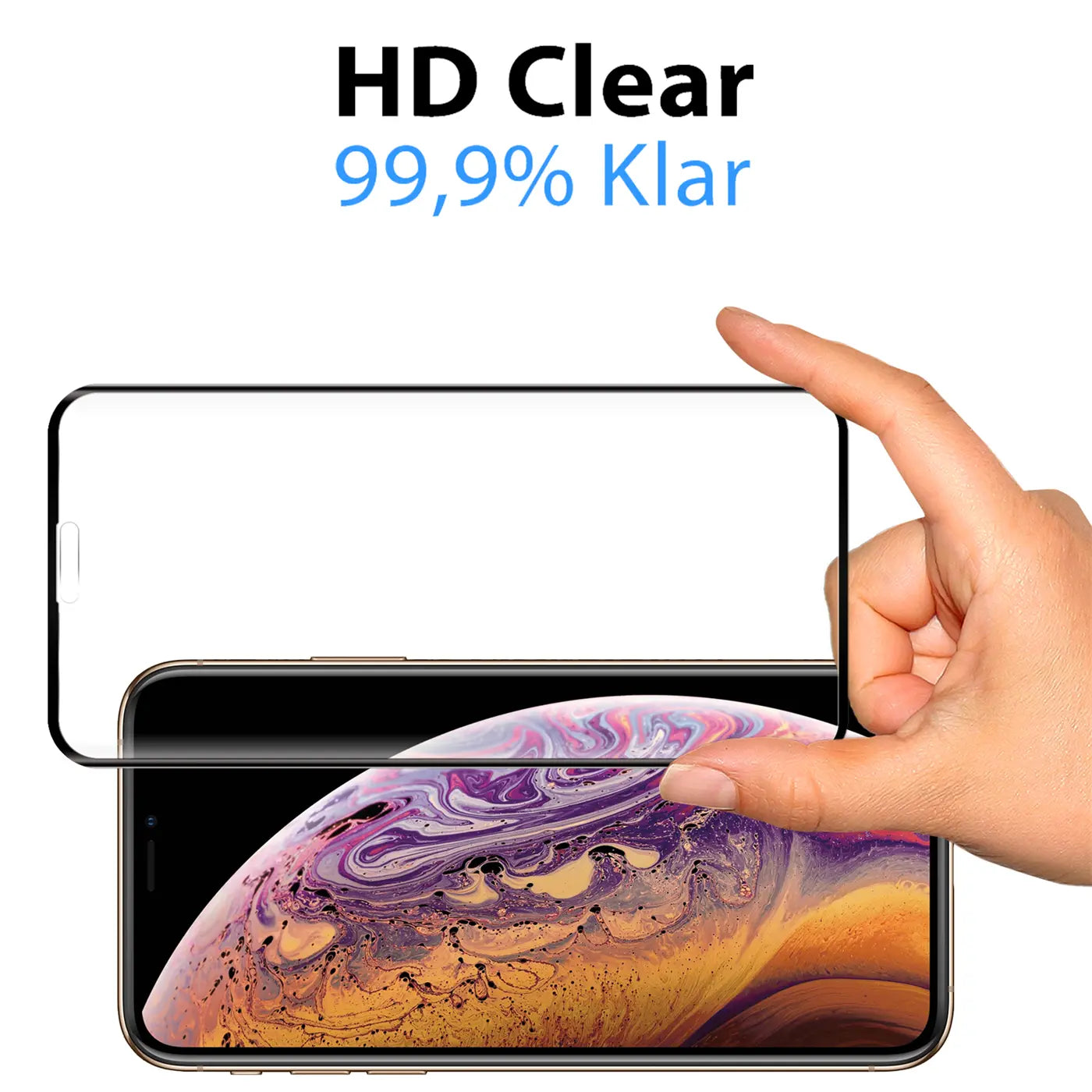 Hand hält transparentes Panzerglas über einem goldenen iPhone XS Display mit bunter Tapete, von oben rechts.