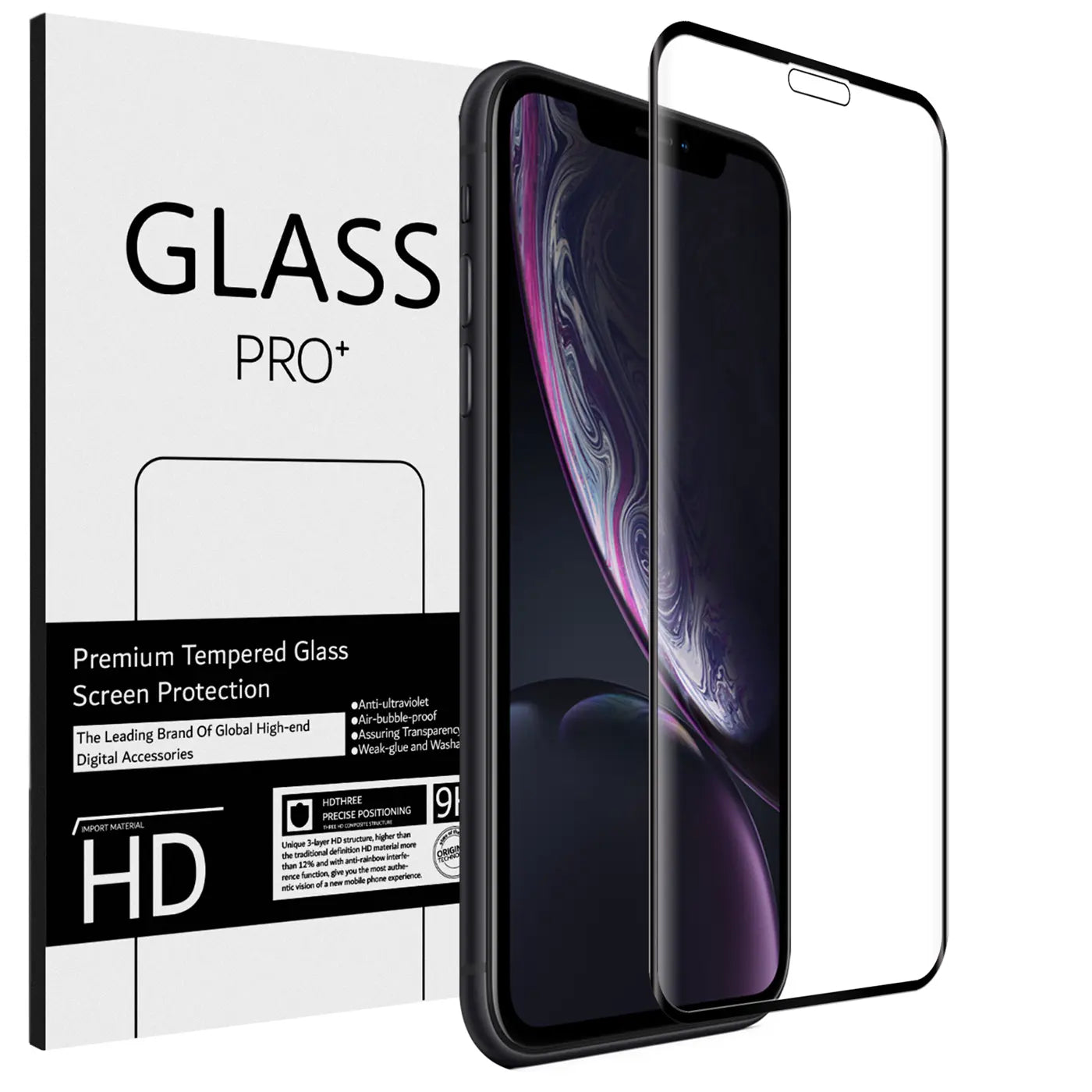 Schwarzes iPhone Xs Max/11 Pro Max mit schwarzem Rahmen, daneben ein transparentes Panzerglas und die weiße.