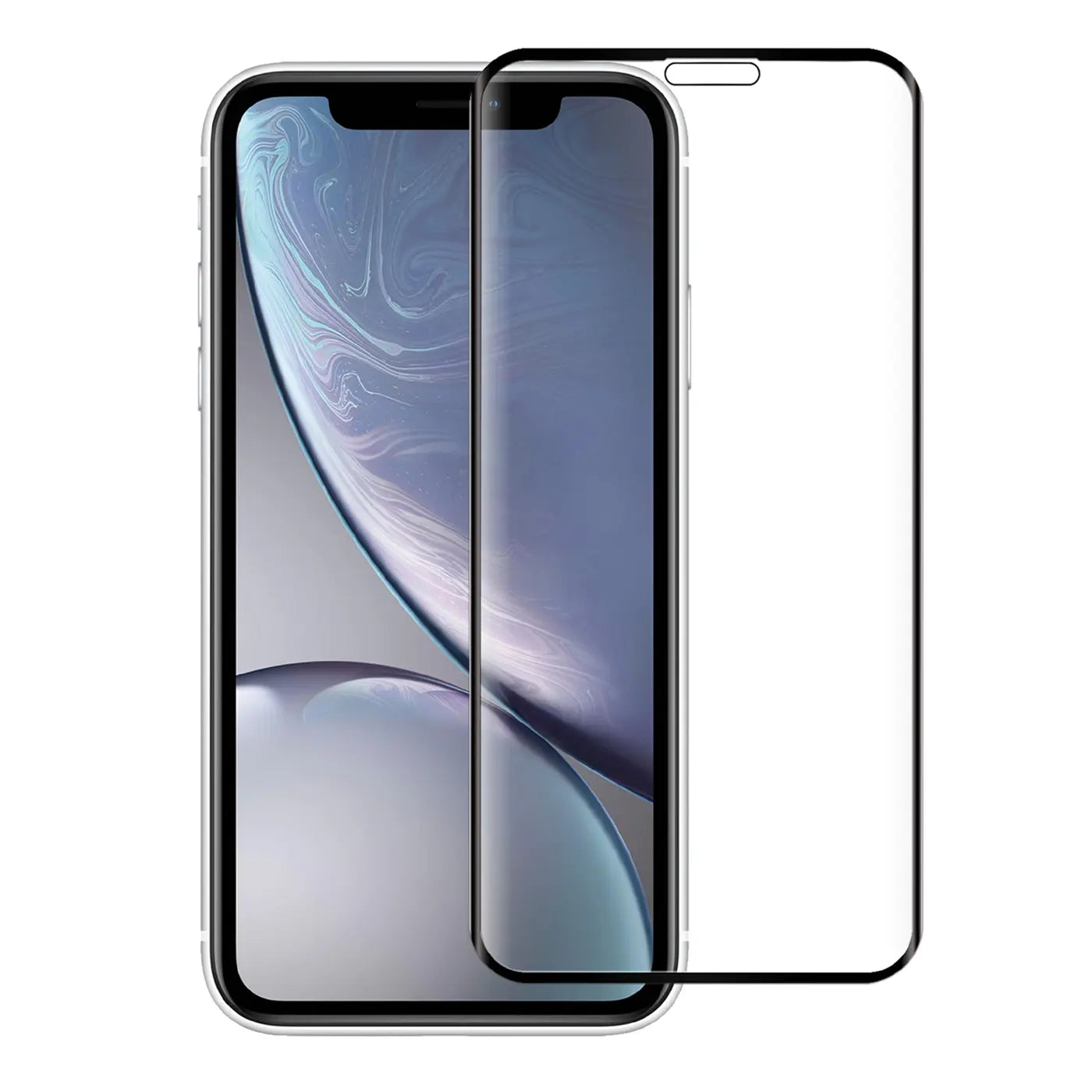 Ein schwarzes iPhone Xs Max / 11 Pro Max mit einer daneben liegenden, transparenten Fullscreen Panzerglasfolie.