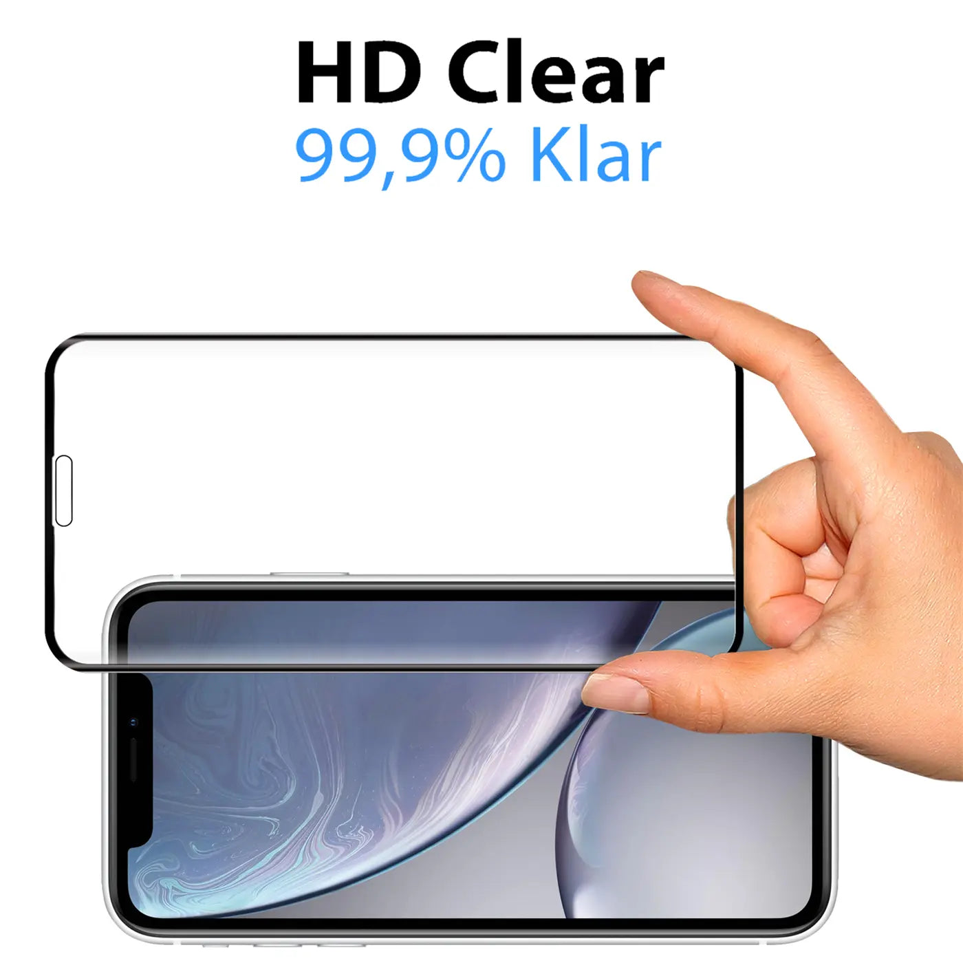 Hand hält transparentes Panzerglas über einem silbernen iPhone XR Display mit blauem Hintergrund, von oben.