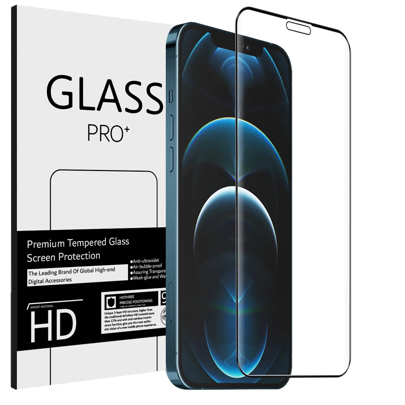 Weißer Karton mit "GLASS PRO+" Schriftzug, daneben ein blaues iPhone 12 Pro Max und ein transparentes Panzerglas.