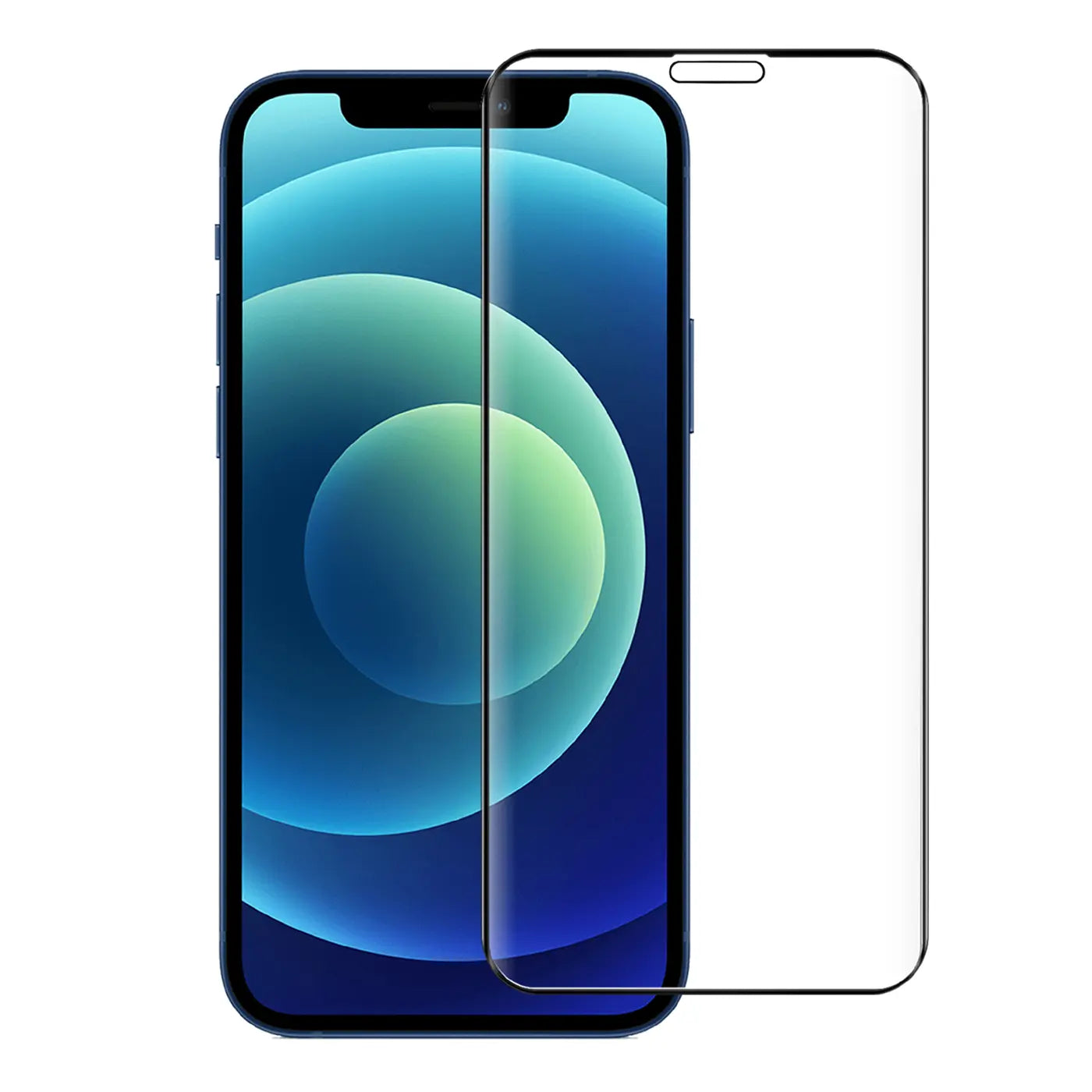 Blaues iPhone 12 Pro Max mit schwarzem Display, daneben ein transparentes Panzerglas mit schwarzem Rand, frontal.