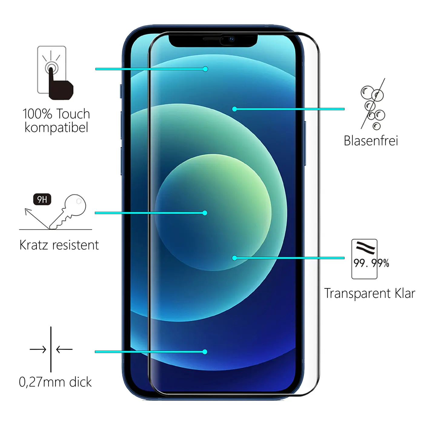 Transparentes Panzerglas für iPhone 12 Pro Max, frontal auf blauem Gerät, mit blauen Hinweispfeilen zu Eigenschaften.