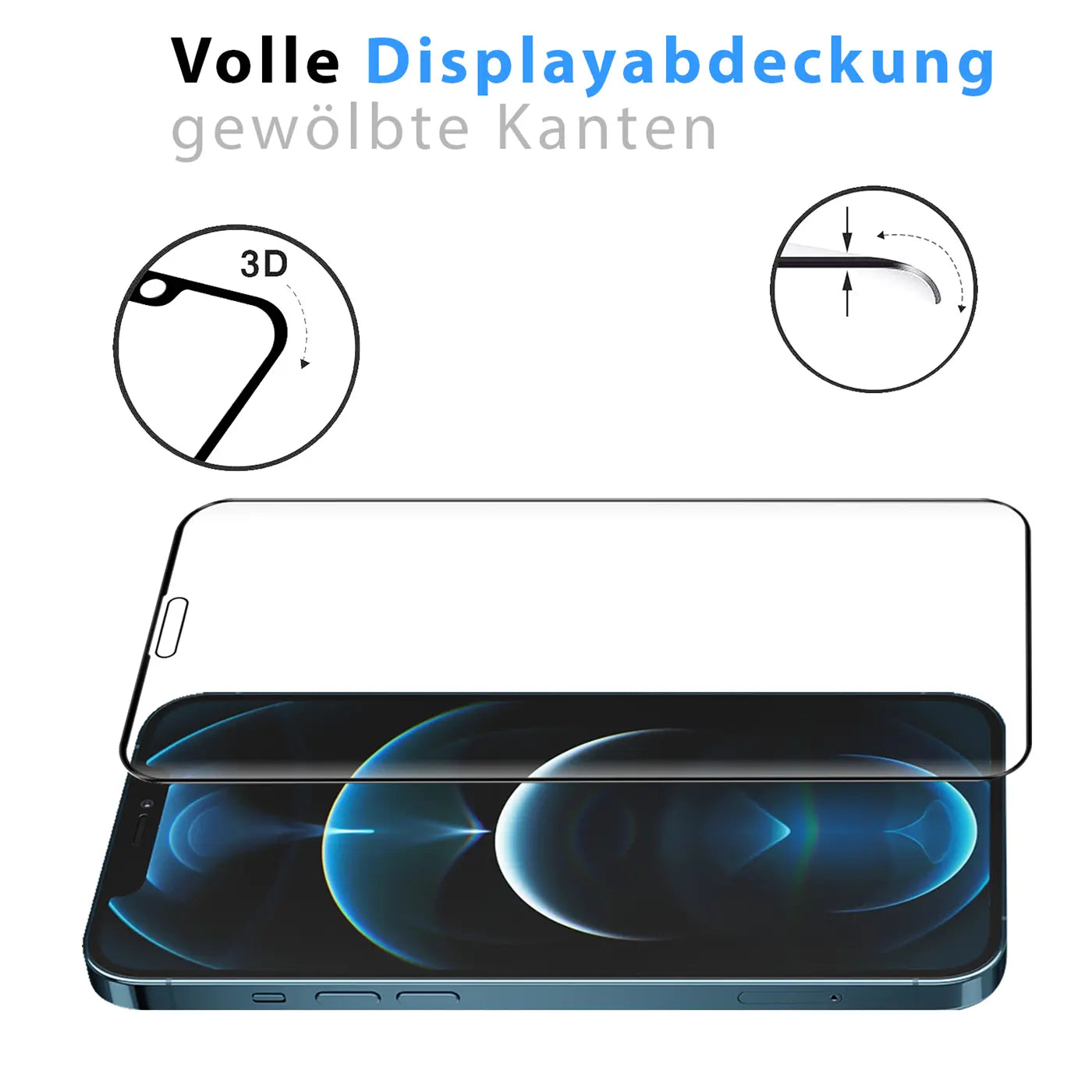 Transparentes Panzerglas für iPhone 12 Pro Max, von oben schräg auf blauem Smartphone liegend, mit 3D-Kanten-Details.