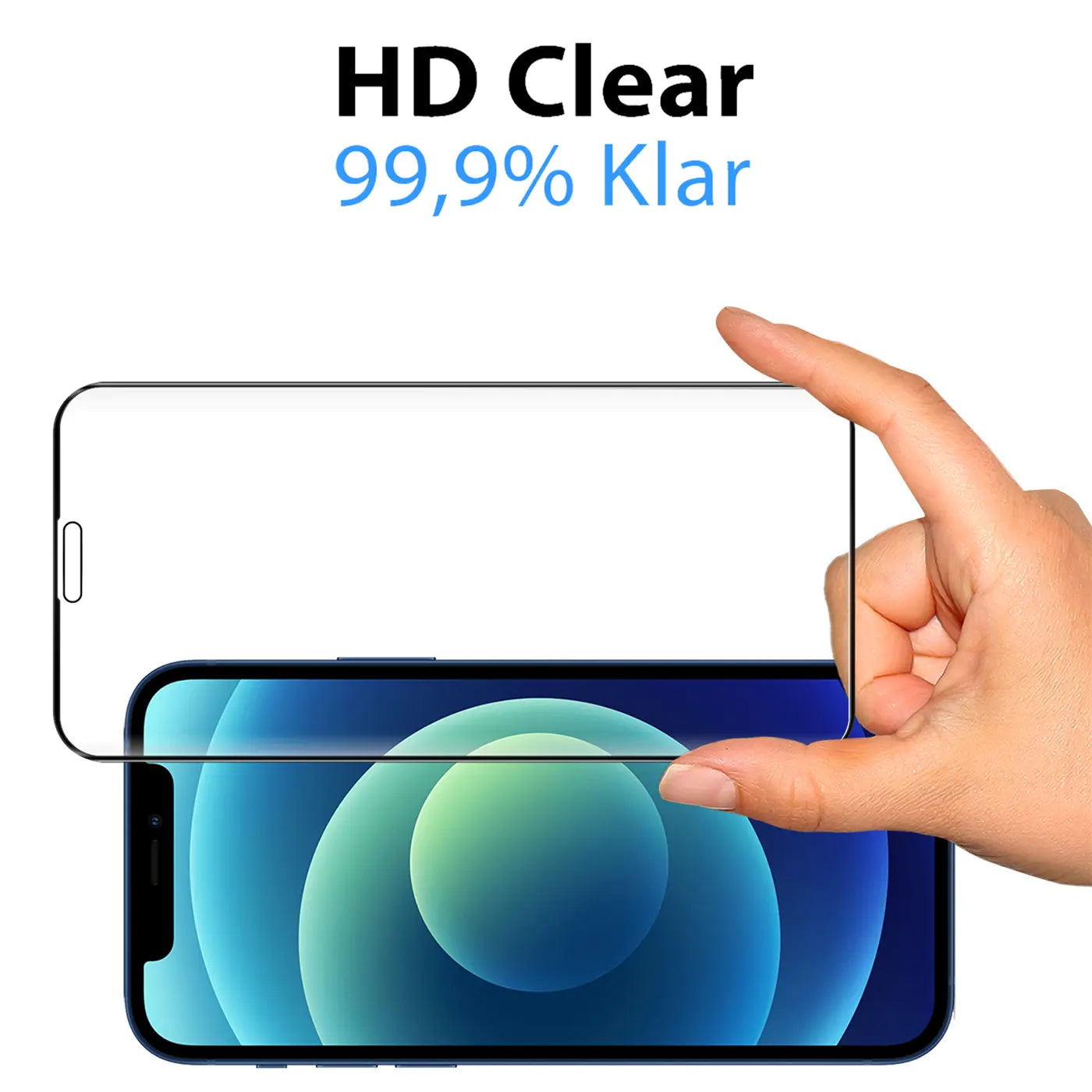 Hand hält transparentes Panzerglas über einem blauen iPhone 12 Pro Max mit blauem Display, von oben.