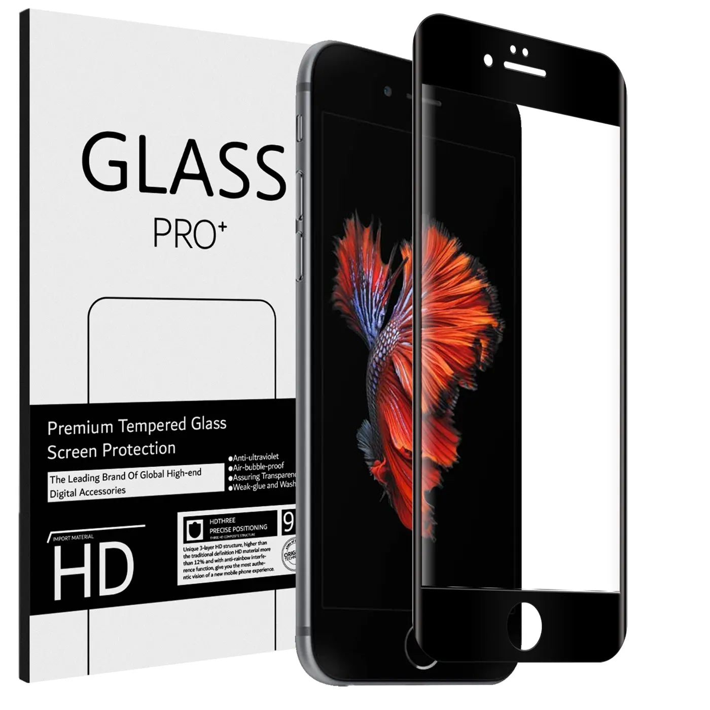 Schwarzes Panzerglas für iPhone 6/6S, frontal und seitlich gezeigt, mit Verpackung "GLASS PRO+" im Hintergrund.