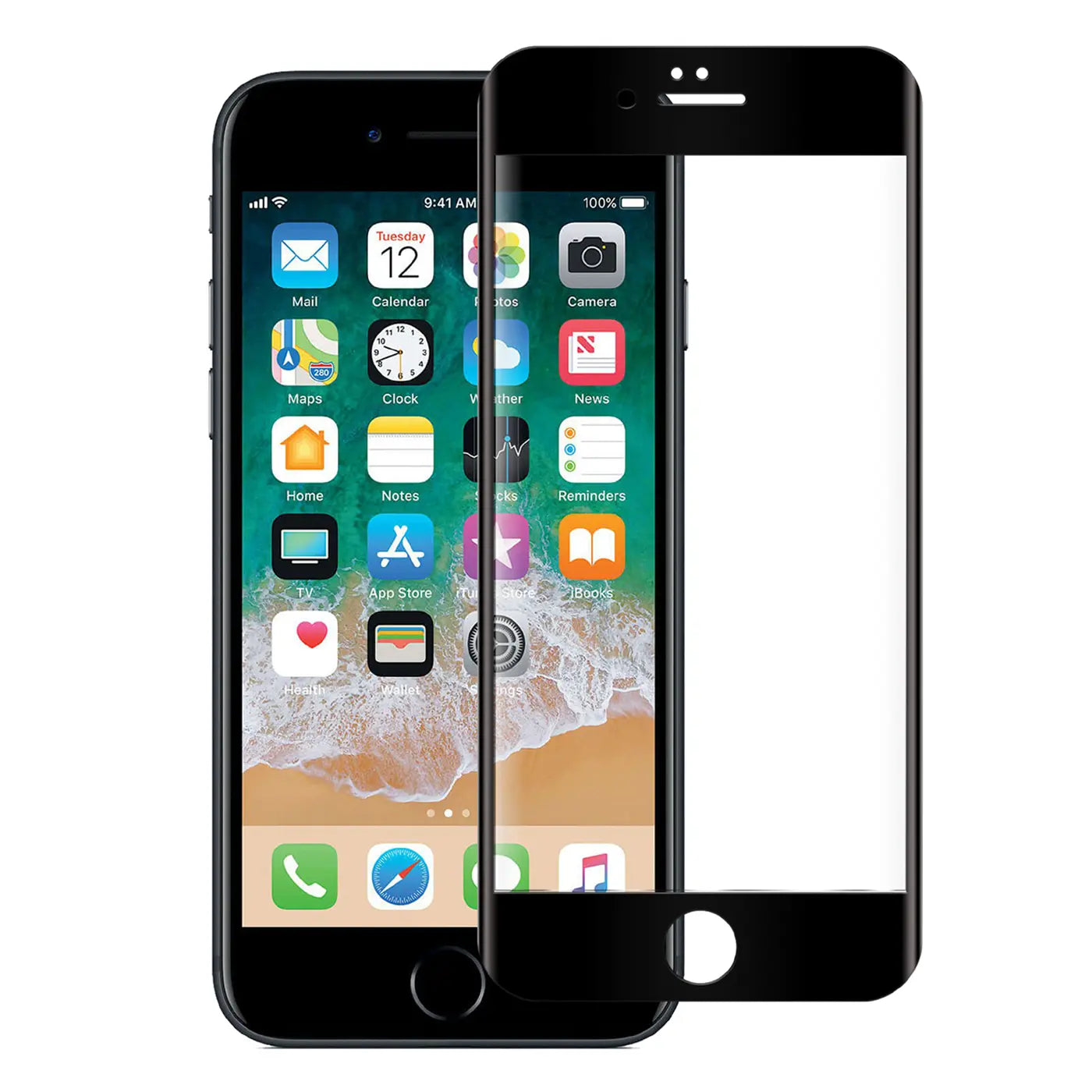Schwarzes Panzerglas für iPhone 7/8/SE 2/SE 3, schräg vor einem schwarzen iPhone liegend, von vorne.