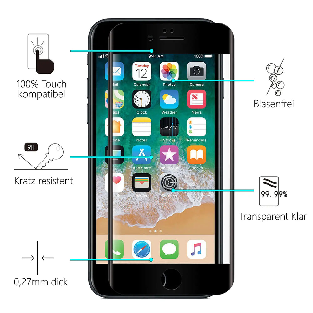 Full Screen Panzerglas für iPhone 7 / 8 / SE 2 / SE 3 mit Farbrahmen
