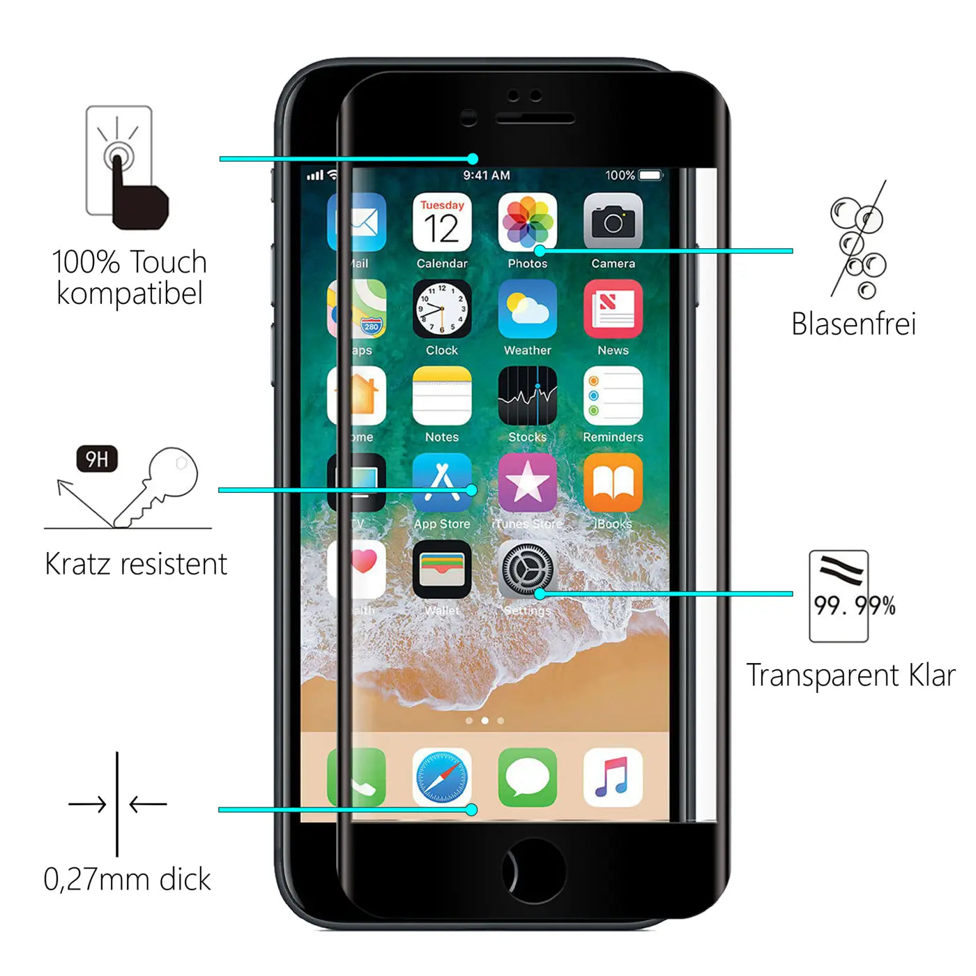 Schwarzes iPhone 7/8 Plus mit aufgelegtem, transparentem Panzerglas, umgeben von Produktmerkmalen auf weißem Hintergrund.