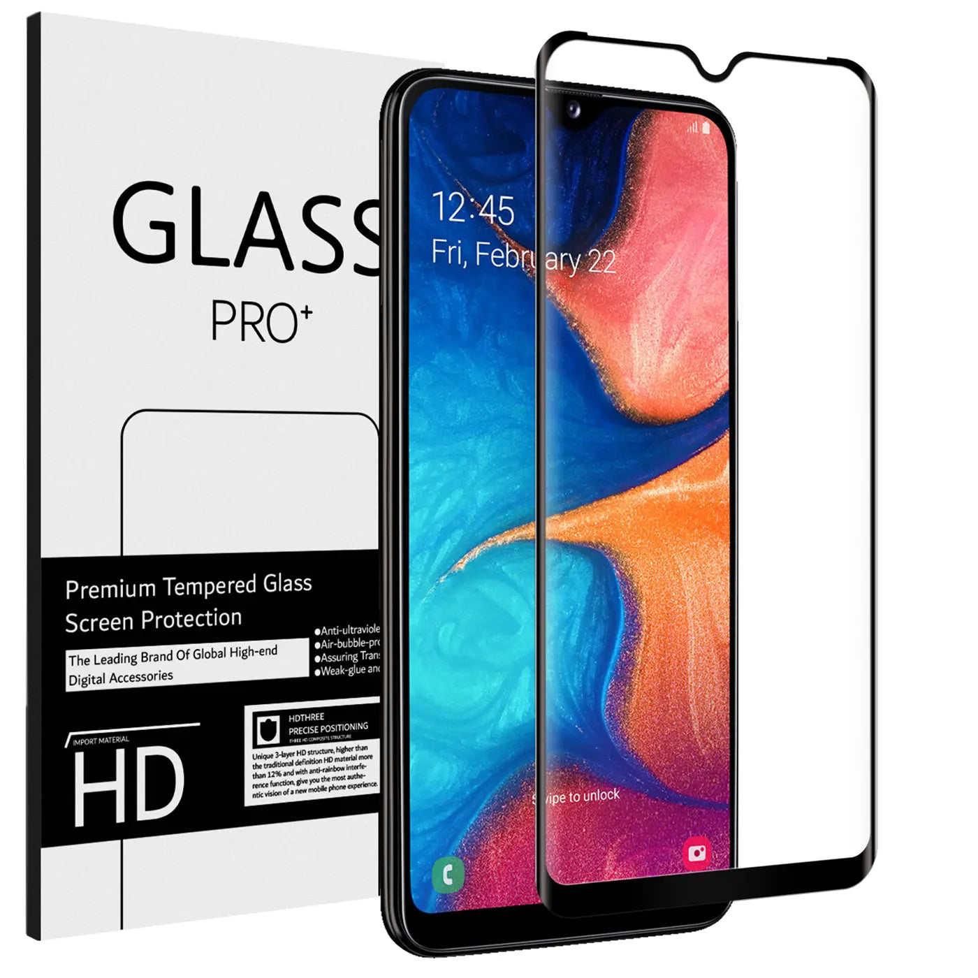 Schwarzes Samsung Galaxy A10 mit farbigem Display und daneben ein transparentes Panzerglas mit schwarzem Rand.