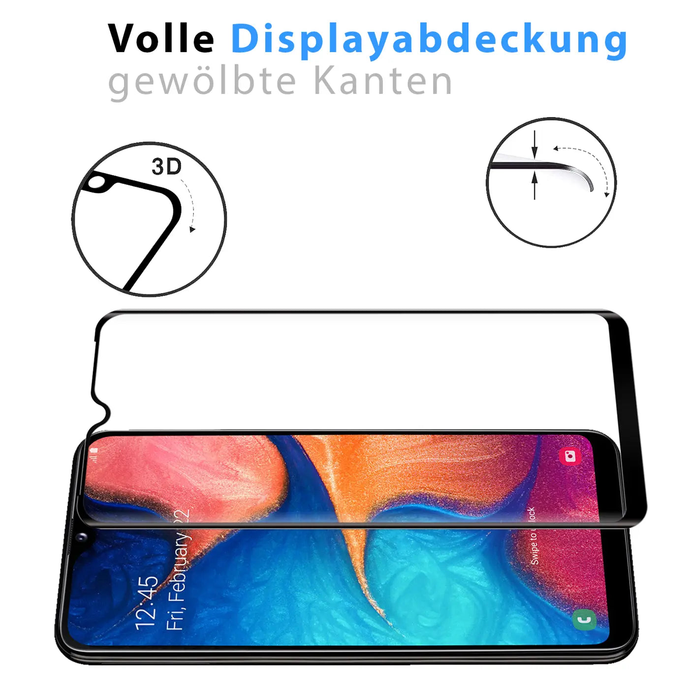 Schwarzes Panzerglas für Samsung Galaxy A10, von oben auf ein Smartphone gelegt, mit 3D-Kanten-Details.