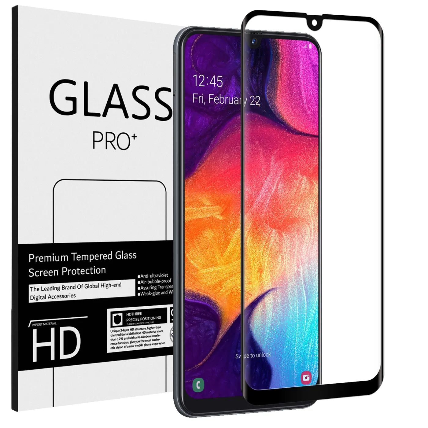 Samsung Galaxy A20e Panzerglas, schwarz, Glas, frontal, mit Verpackung und Smartphone-Display im Hintergrund.