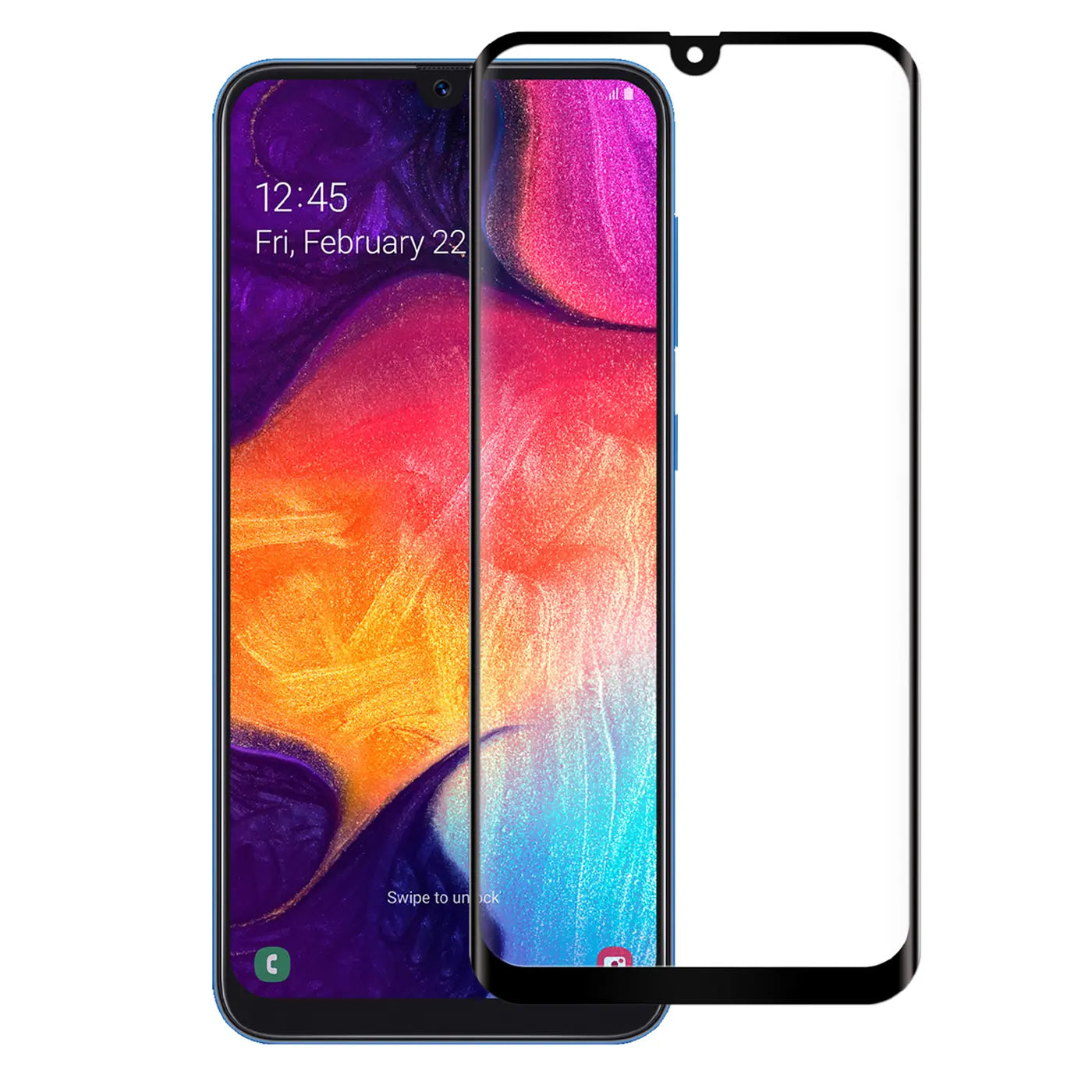 Samsung Galaxy A20e Handy mit schwarzem Fullscreen Panzerglas (Glas) von vorne, leicht nach rechts versetzt.