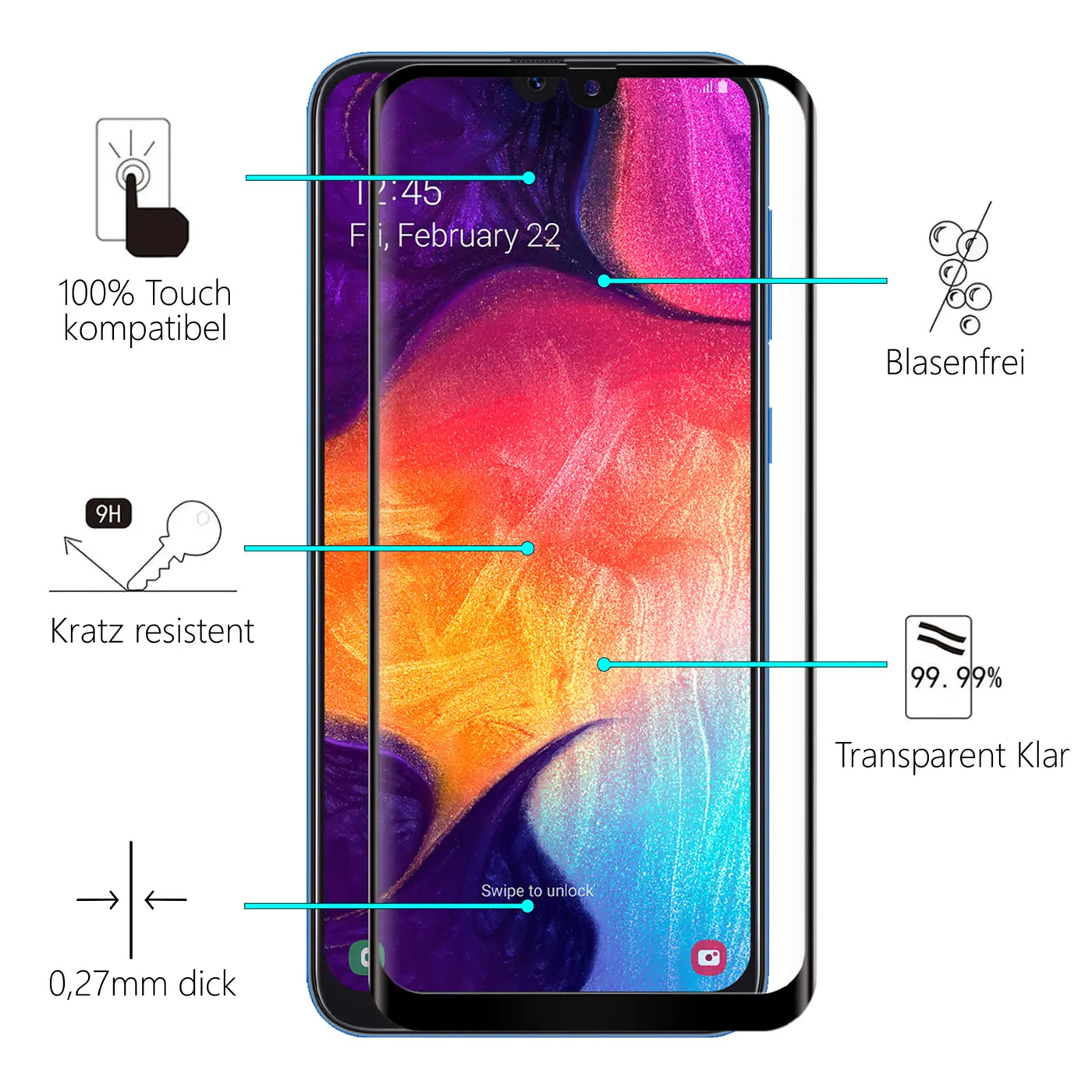 Schwarzes, transparentes Panzerglas für Samsung Galaxy A20e, schräg von vorne auf weißem Hintergrund mit Text.