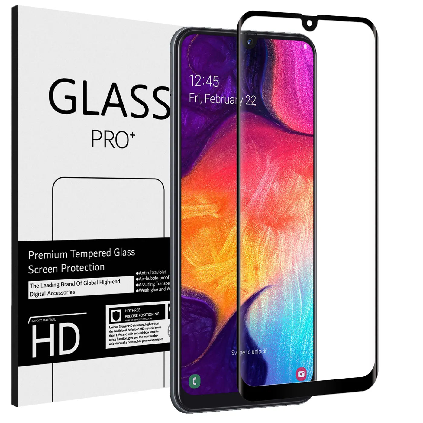 Weißes Panzerglas-Display für Samsung Galaxy A31, daneben ein schwarzes Smartphone und die Produktverpackung.