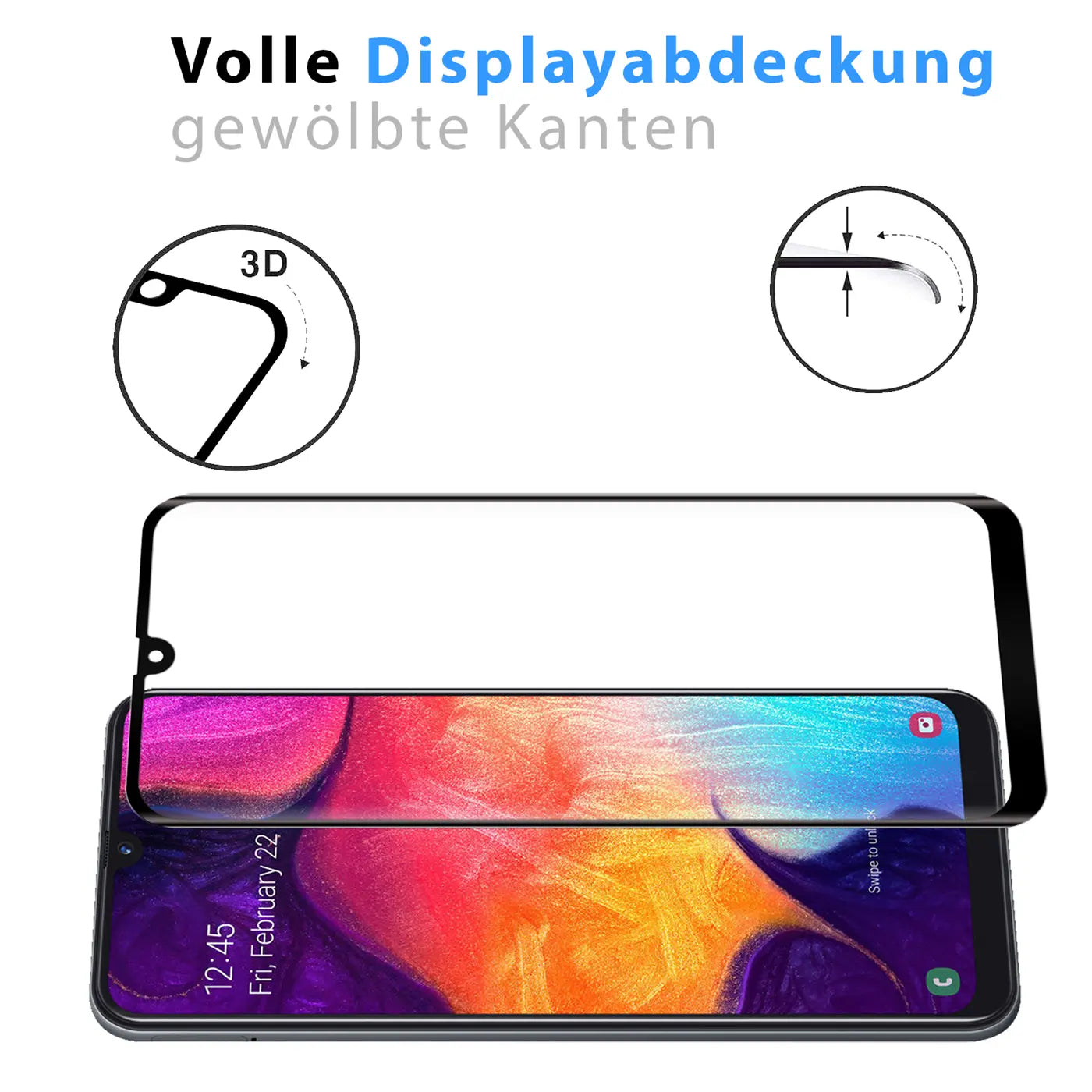 Schwarzes Panzerglas für Samsung Galaxy A31, von oben schräg auf einem Smartphone liegend. Oben Skizzen zu 3D-Kanten.