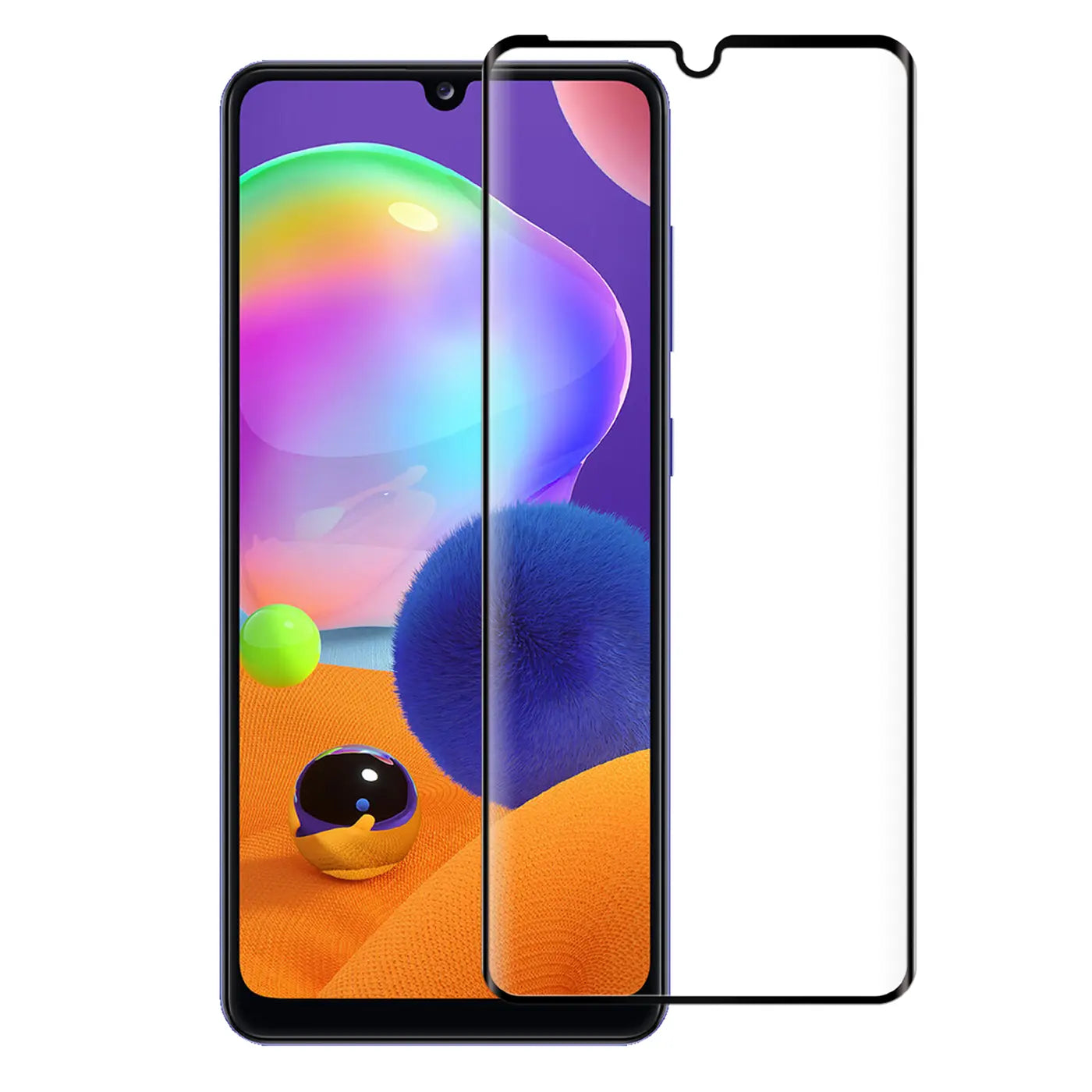 Schwarzes Panzerglas für Samsung Galaxy A32 5G, von vorne rechts neben dem Smartphone liegend.