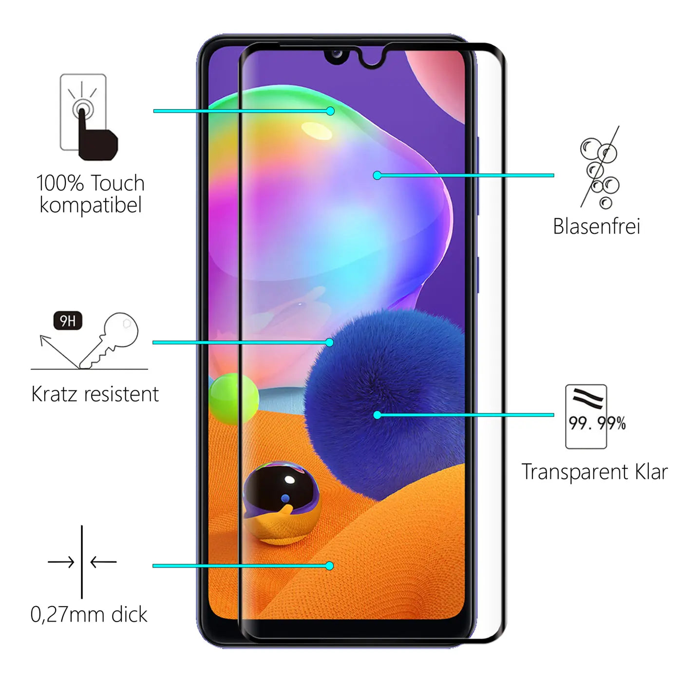 Schwarzes Samsung Galaxy A32 5G von vorne, mit transparentem Panzerglas und Infografiken zu Eigenschaften.