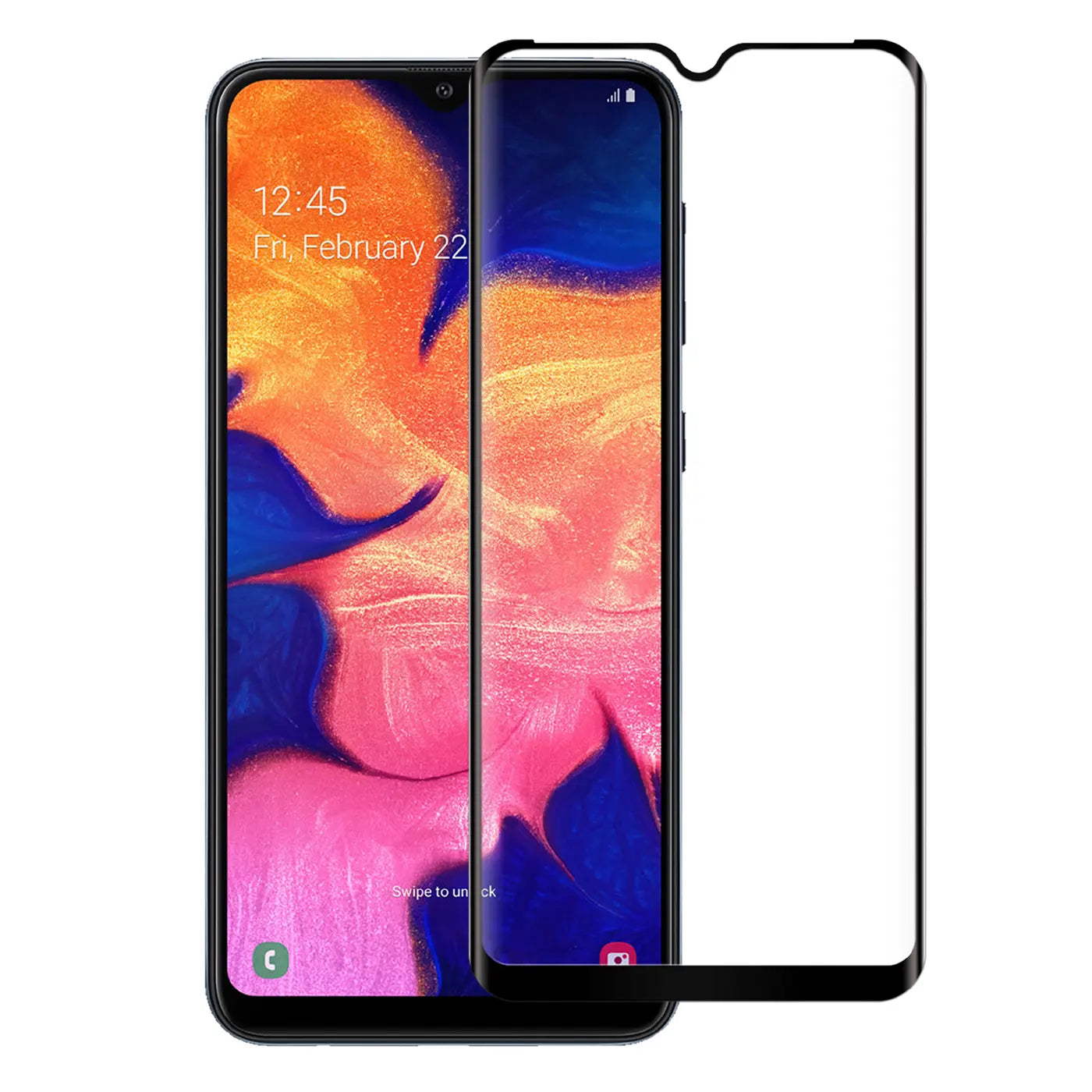 Samsung Galaxy A41 mit schwarzem Panzerglas im Vordergrund, leicht nach rechts versetzt, von vorne.