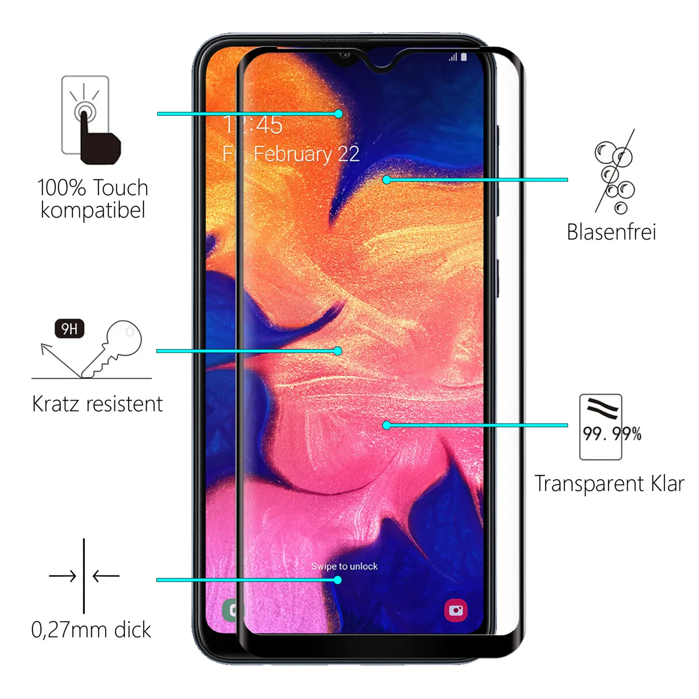 Transparentes Panzerglas für Samsung Galaxy A41, von vorne, leicht schräg rechts, mit Infografiken zu Eigenschaften.