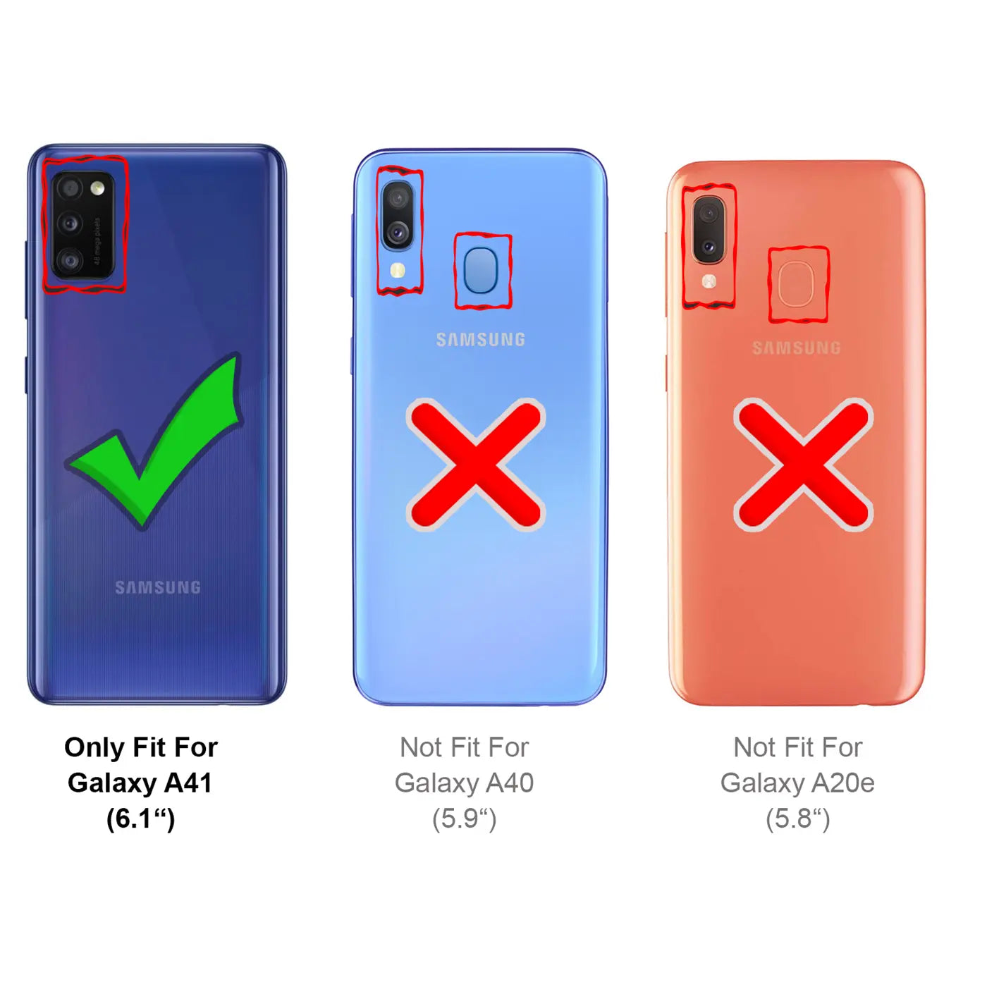 Drei Samsung Galaxy Smartphones (A41, A40, A20e) von hinten, blau, hellblau, orange, mit Häkchen/Kreuzen.