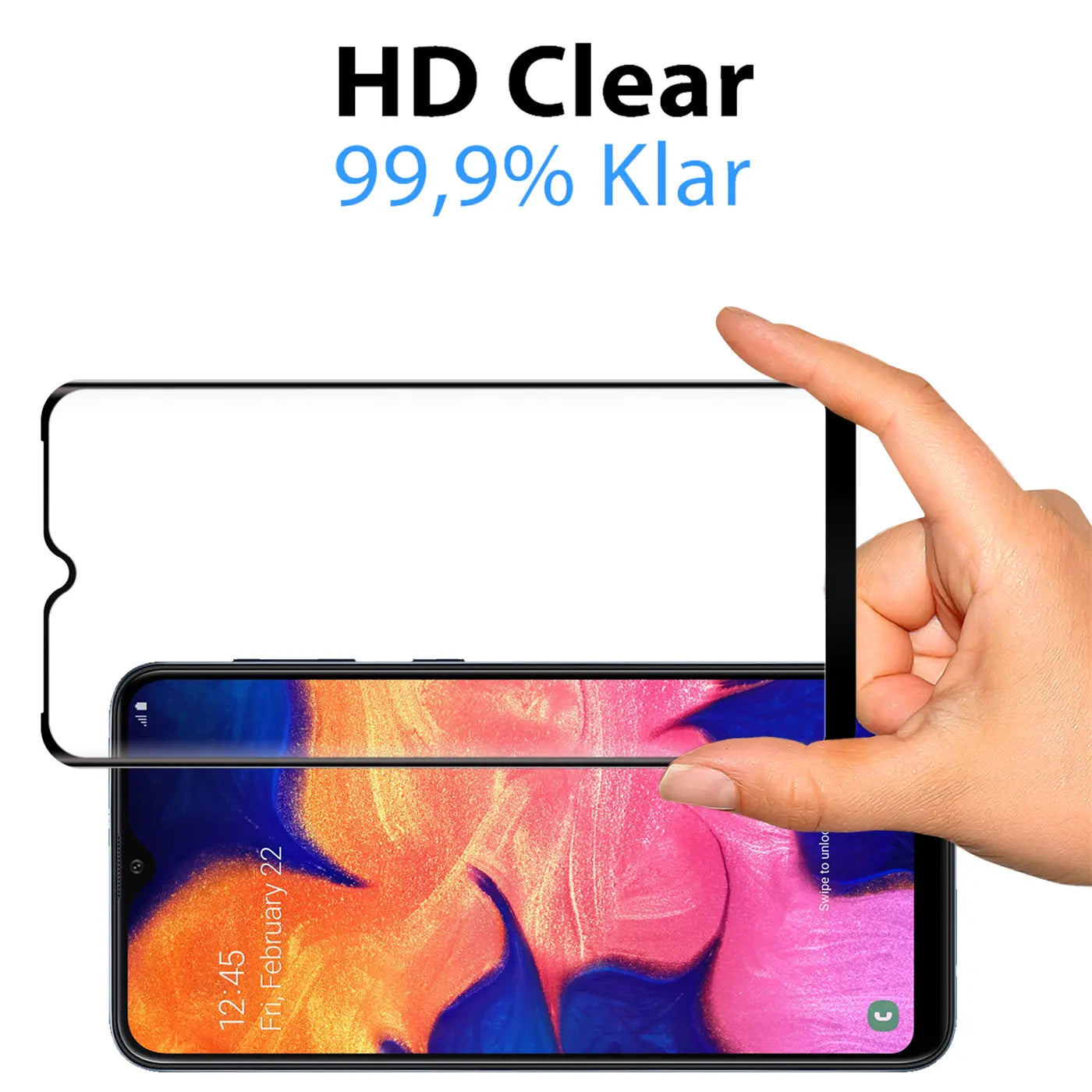 Hand hält transparentes Panzerglas mit schwarzem Rand über einem Samsung Galaxy A41 Smartphone.