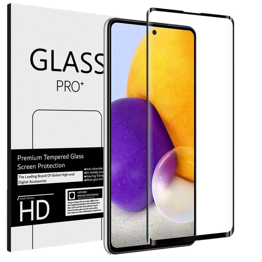 Schrägansicht: Weiß-graue "GLASS PRO+" Verpackung, daneben zwei transparente Panzergläser für Samsung Galaxy A51.
