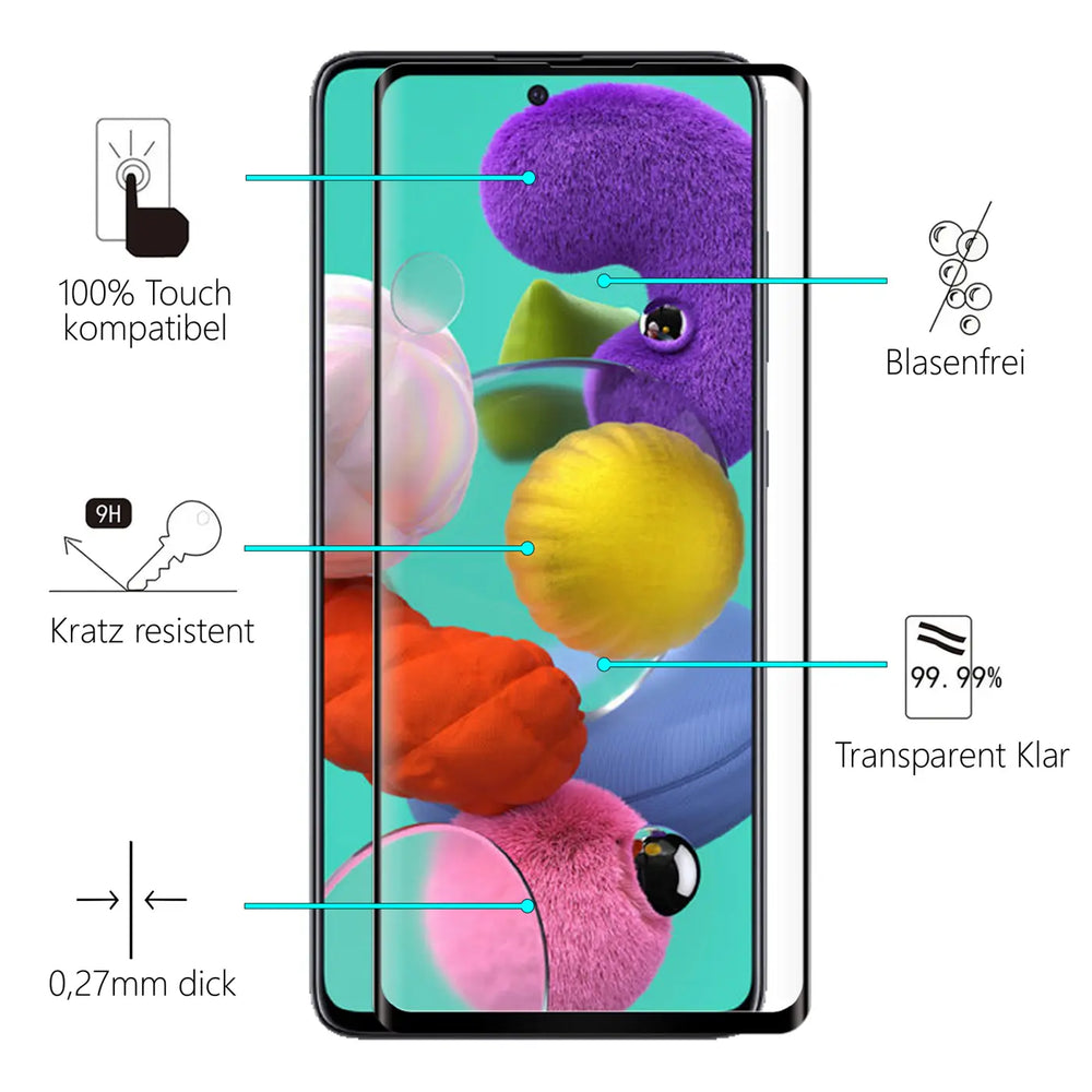 Samsung Galaxy A51 mit transparentem Panzerglas, von vorne. Blaue Linien zeigen auf Produkteigenschaften.