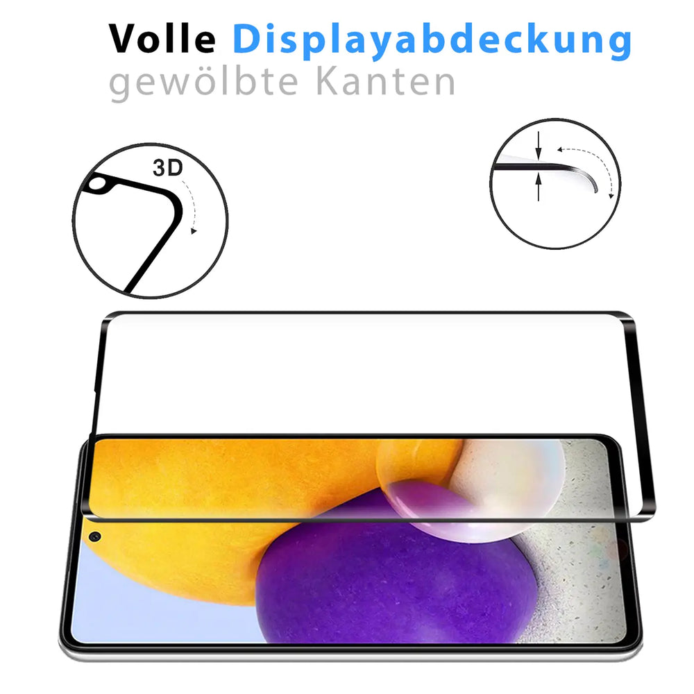 Samsung Galaxy A51 mit schwarzem Fullscreen Panzerglas (Glas) von oben; Detailskizzen zeigen 3D-Wölbung.